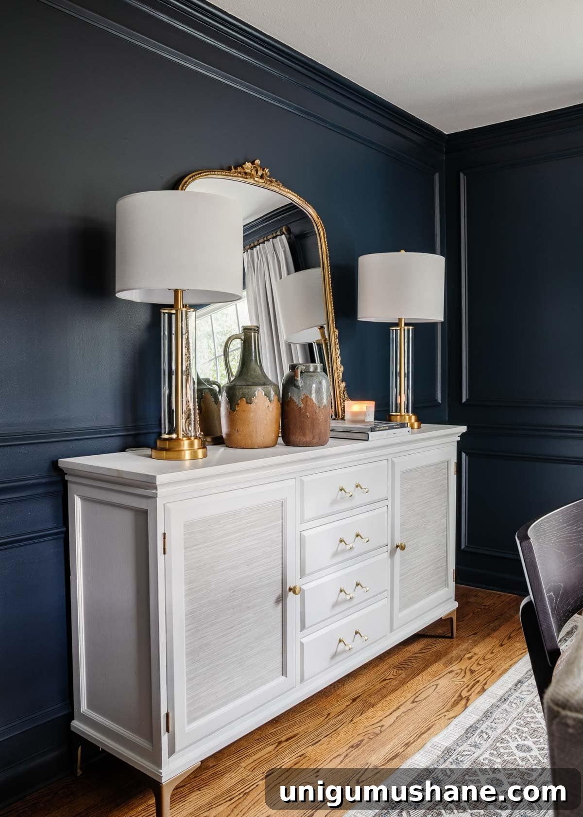 Classic Modern Dining Room Furniture by Bassett BenchMade 12 French mirror on white buffet with navy walls