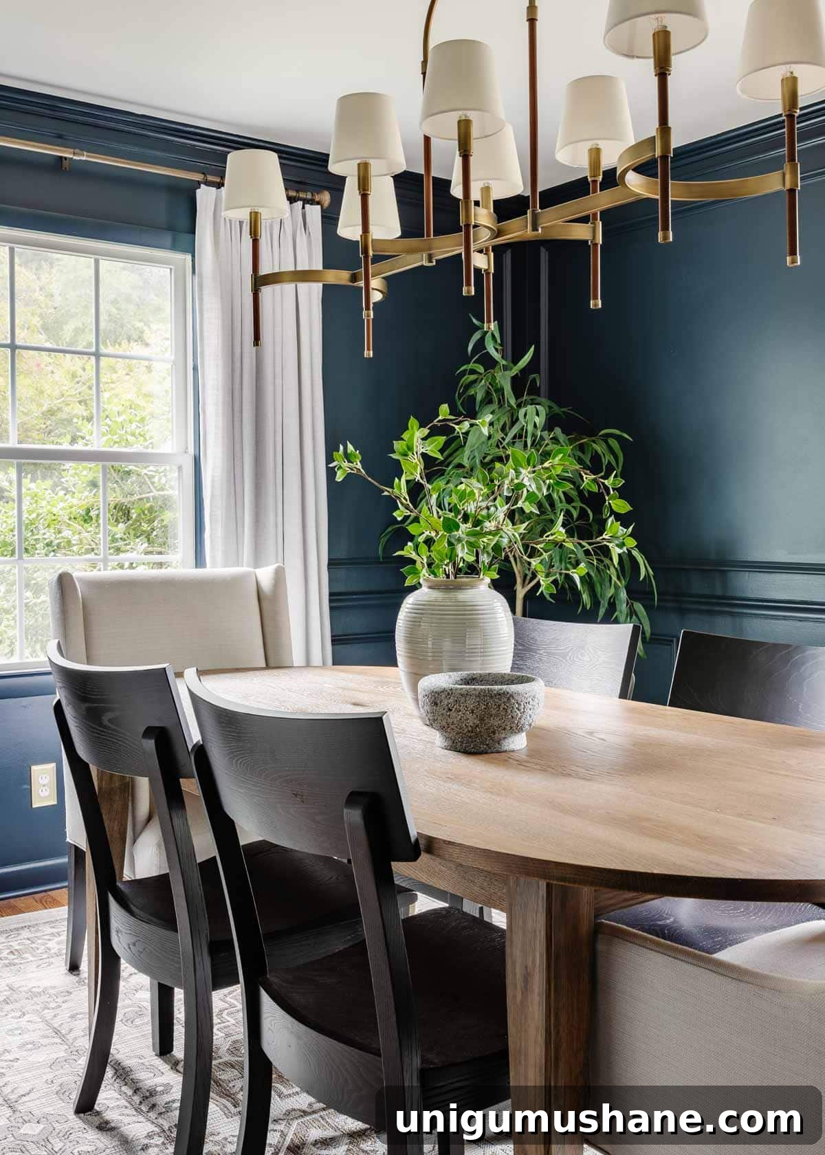 Classic Modern Dining Room Furniture by Bassett BenchMade 3 classic modern dining room with navy walls, linen curtains, wood MCM table, and black chairs