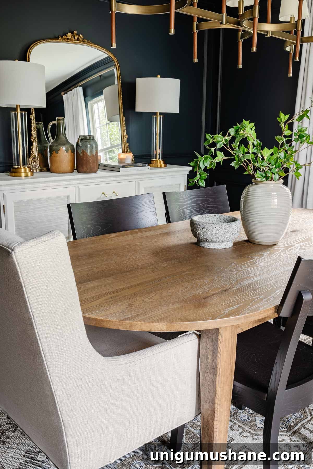 Classic Modern Dining Room Furniture by Bassett BenchMade 4 classic modern dining room with navy walls, linen curtains, wood MCM table, black chairs, and French mirror