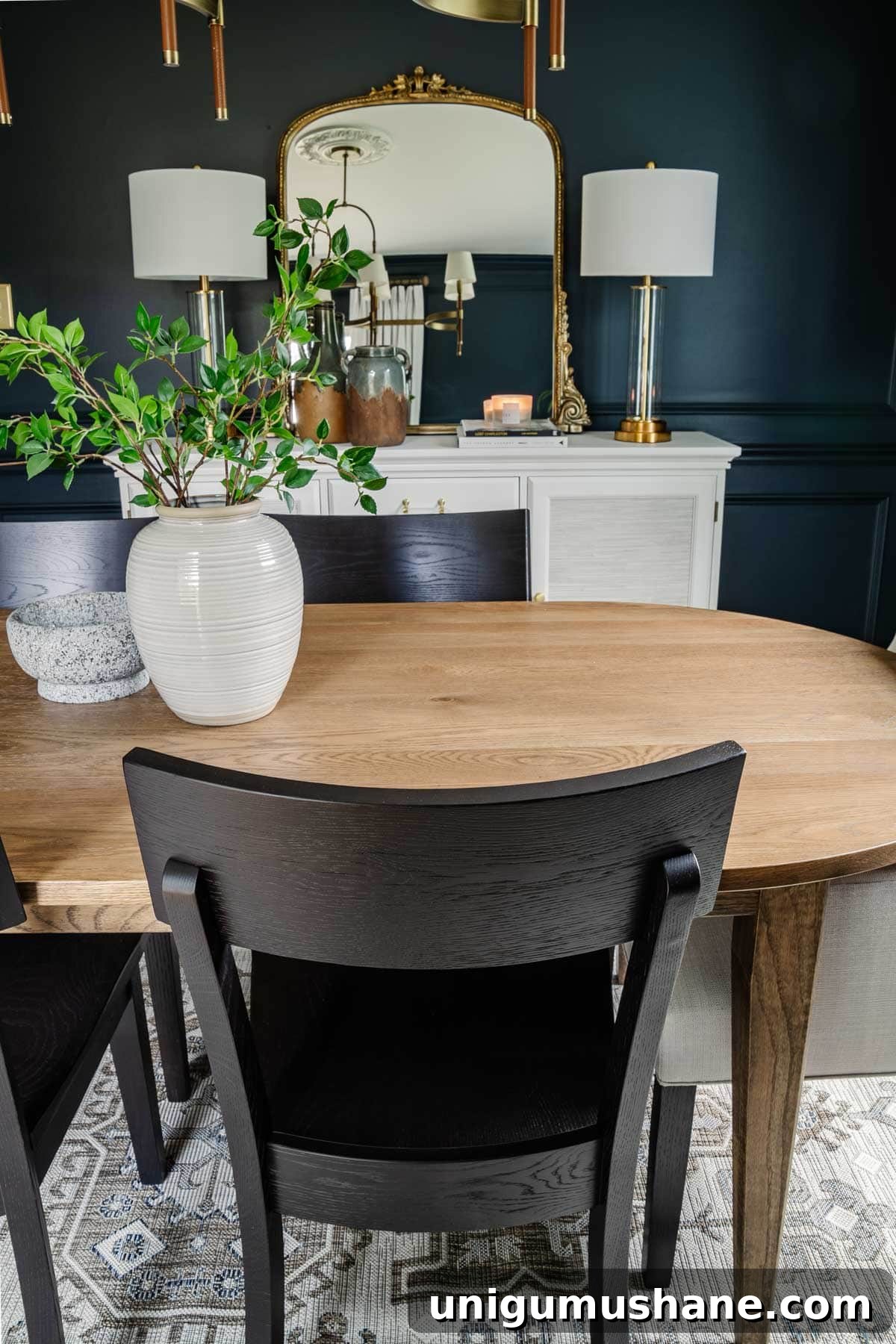 Classic Modern Dining Room Furniture by Bassett BenchMade 10 classic modern dining room with mid century modern table, black chairs, and French mirror