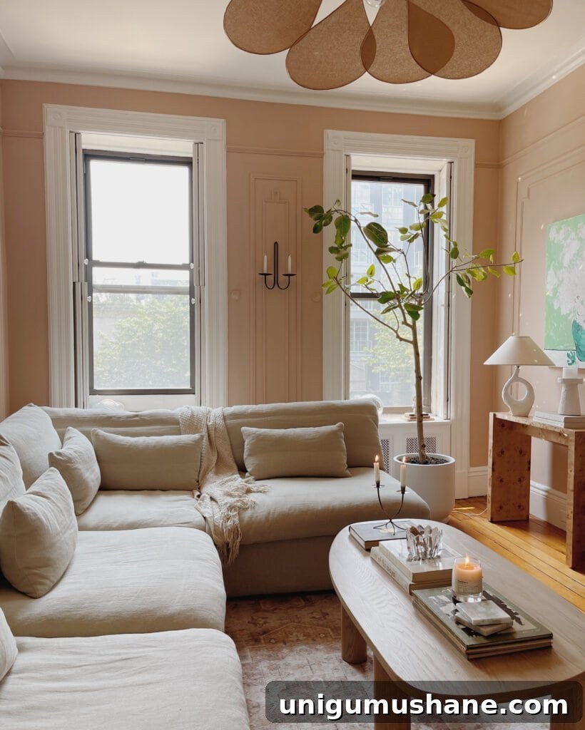 Blush Pink Paint Colors for Interiors: Recommended Shades 4 Farrow and Ball Setting Plaster - blush paint in a living room
