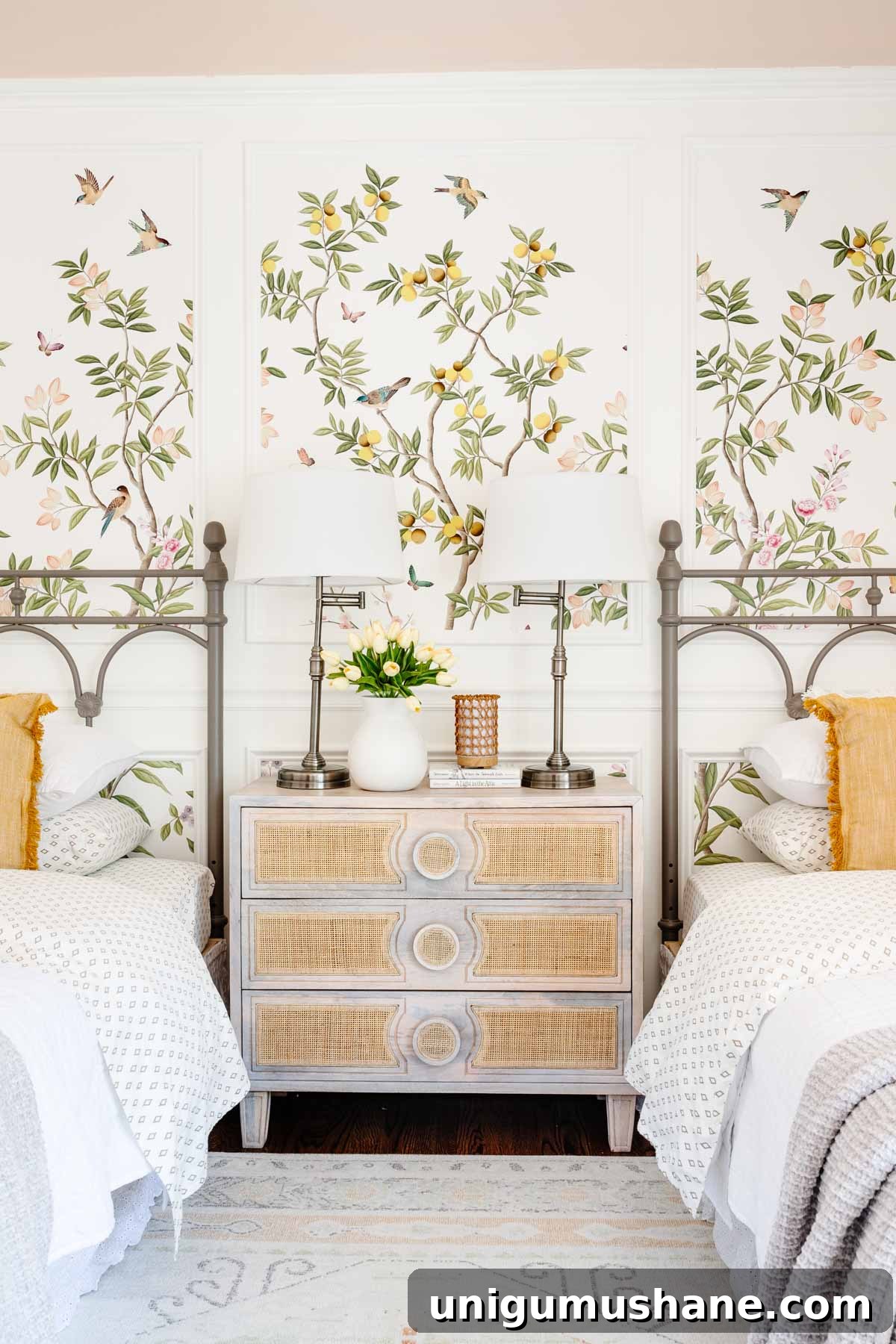 Cottagecore Toddler Girl Room Makeover Before and After 10 toddler girl room with twin beds, cane webbing dresser, chinoiserie wallpaper, and cottagecore bedding