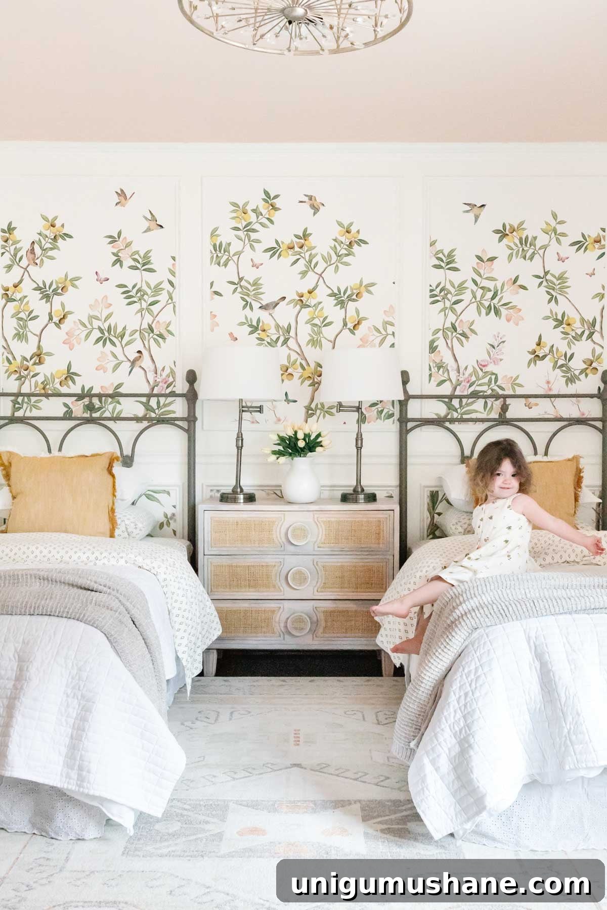 Cottagecore Toddler Girl Room Makeover Before and After 4 toddler girl bedroom with twin beds and cottagecore style pattern play