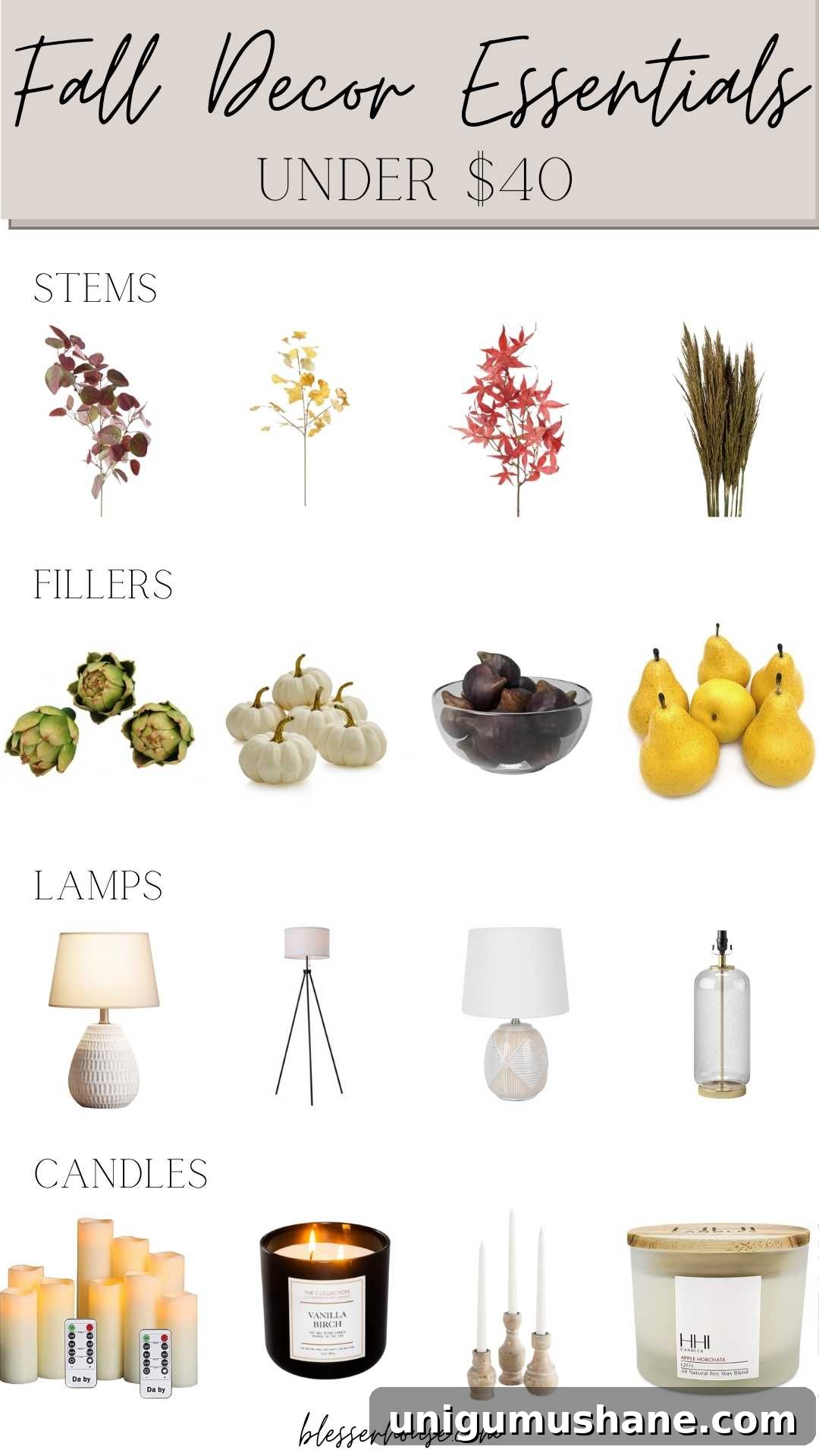 Stylish Fall Home Decor Finds Under $40 5 Fall Home Decor Under $40 - stems, fillers, lamps, and candles