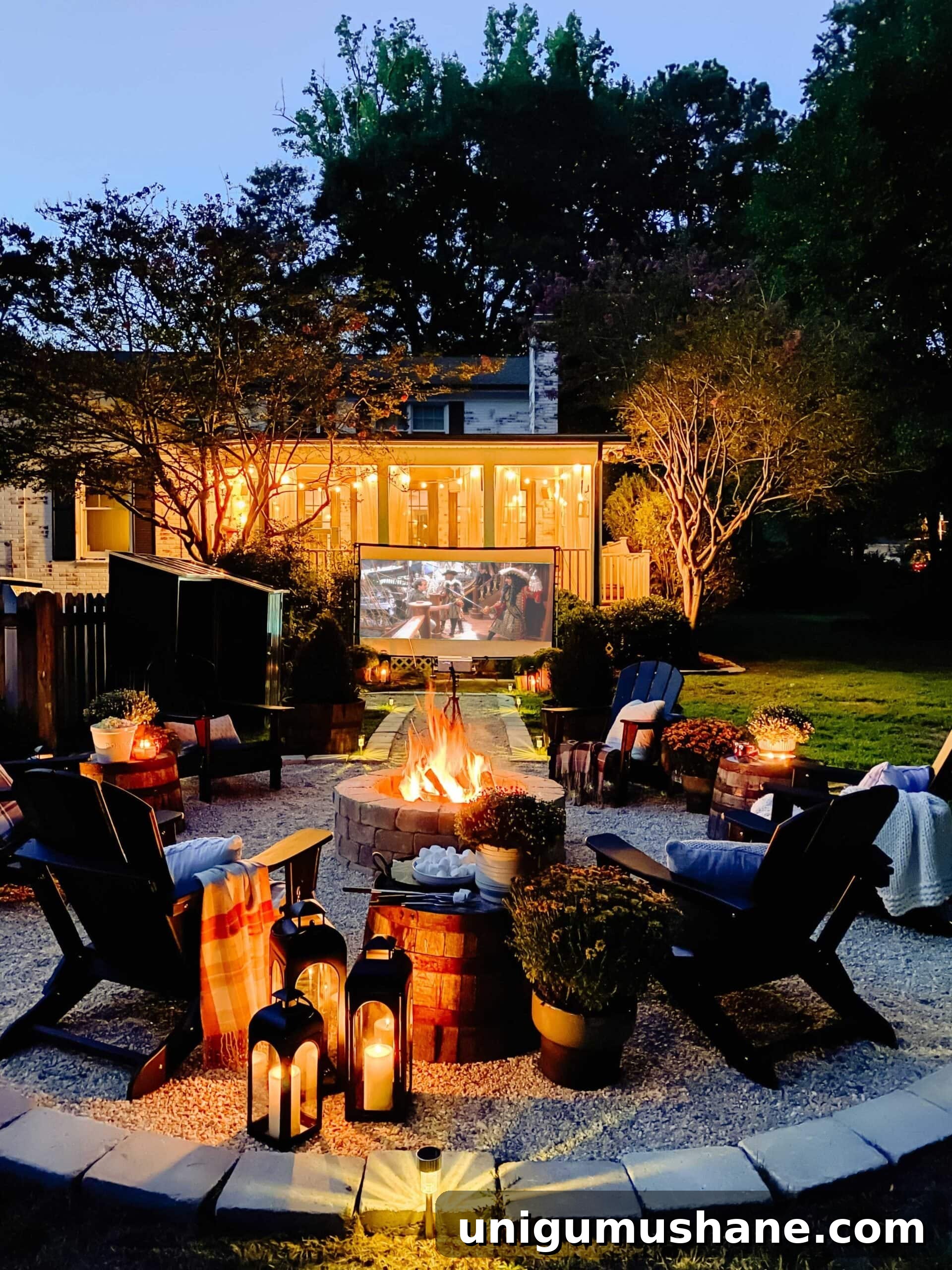 backyard movie night around a fire pit