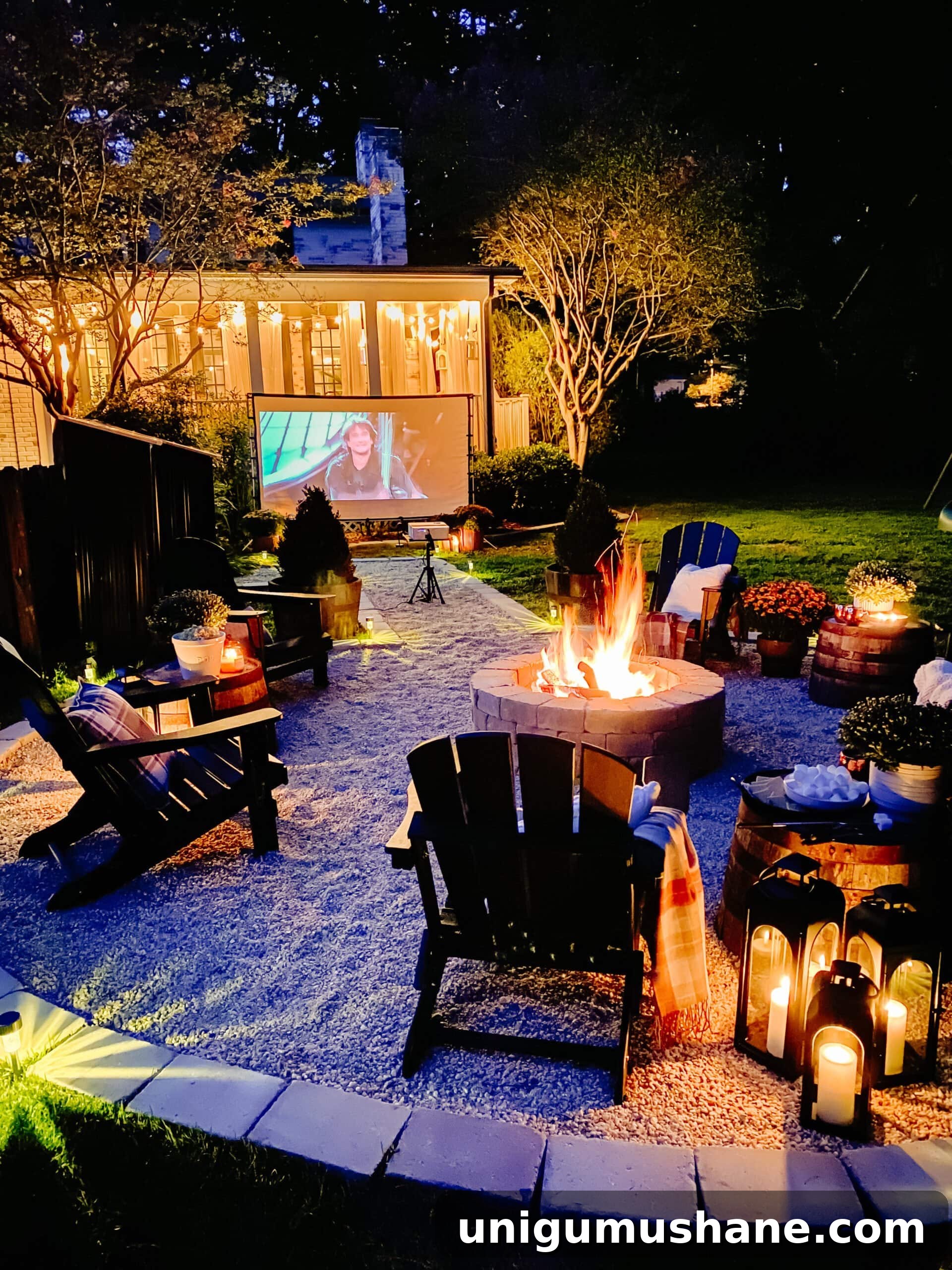 fire pit idea - outdoor movie theater backyard party