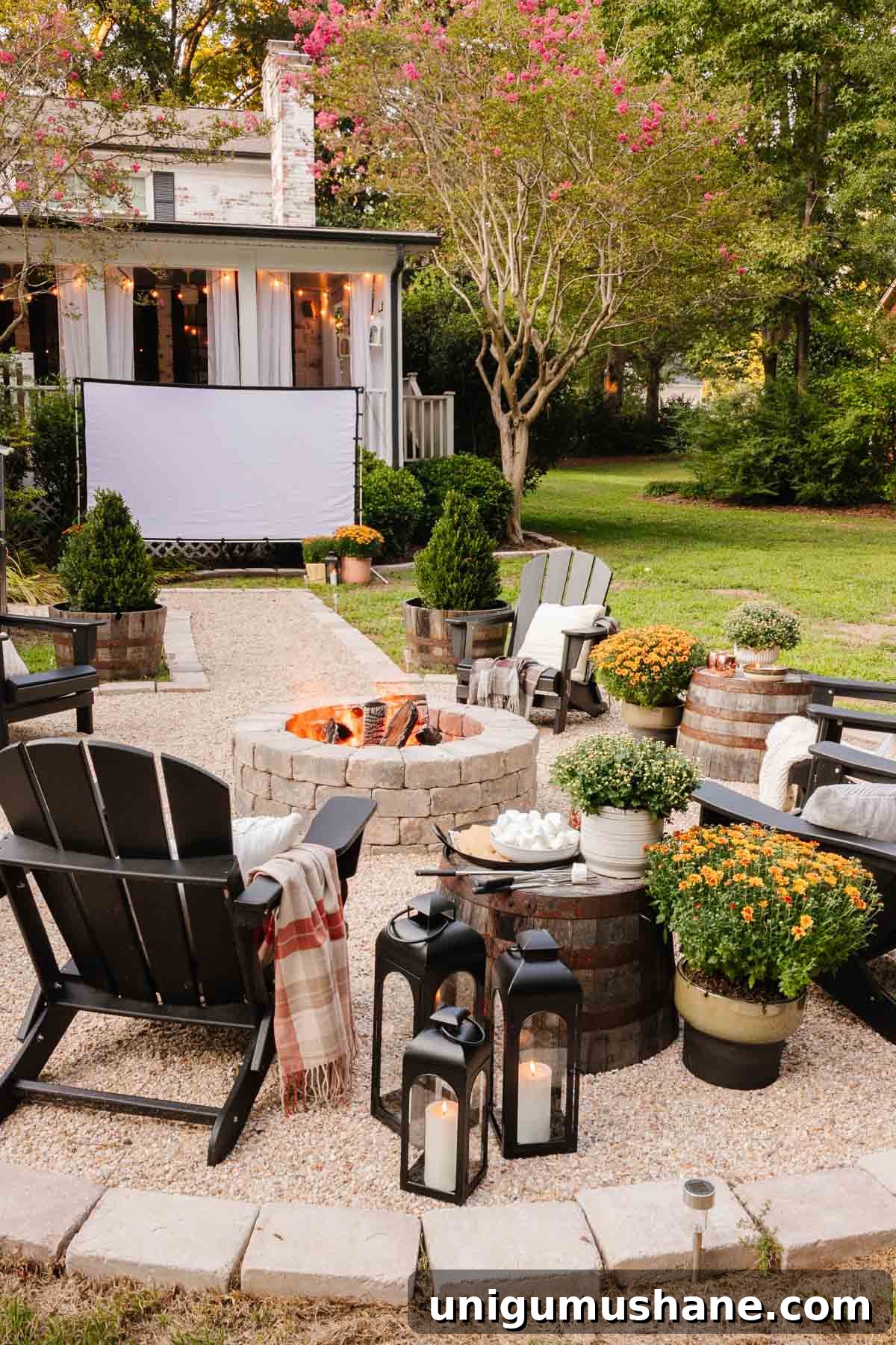 DIY fire pit with outdoor fall decor for a cozy backyard party
