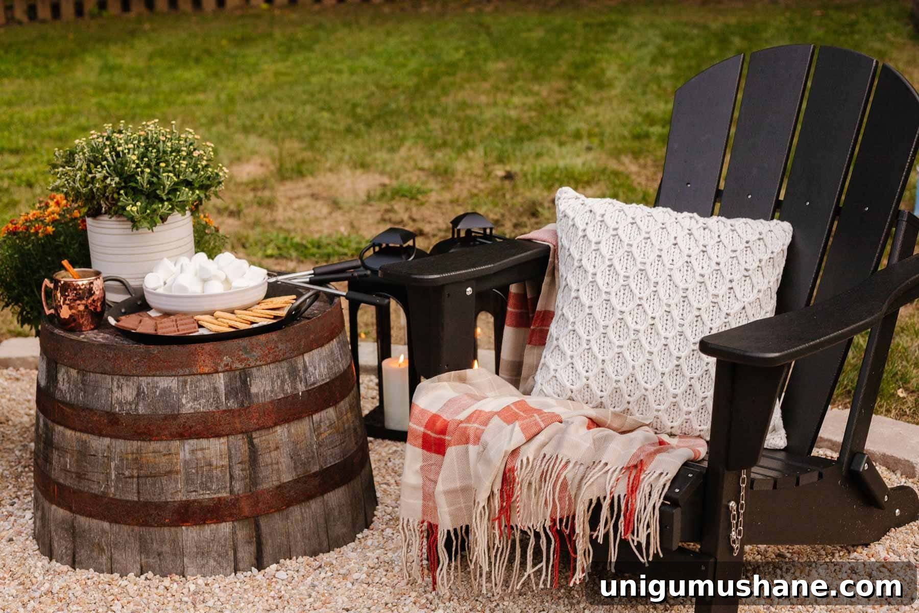 upside down barrel planter used for an outdoor table