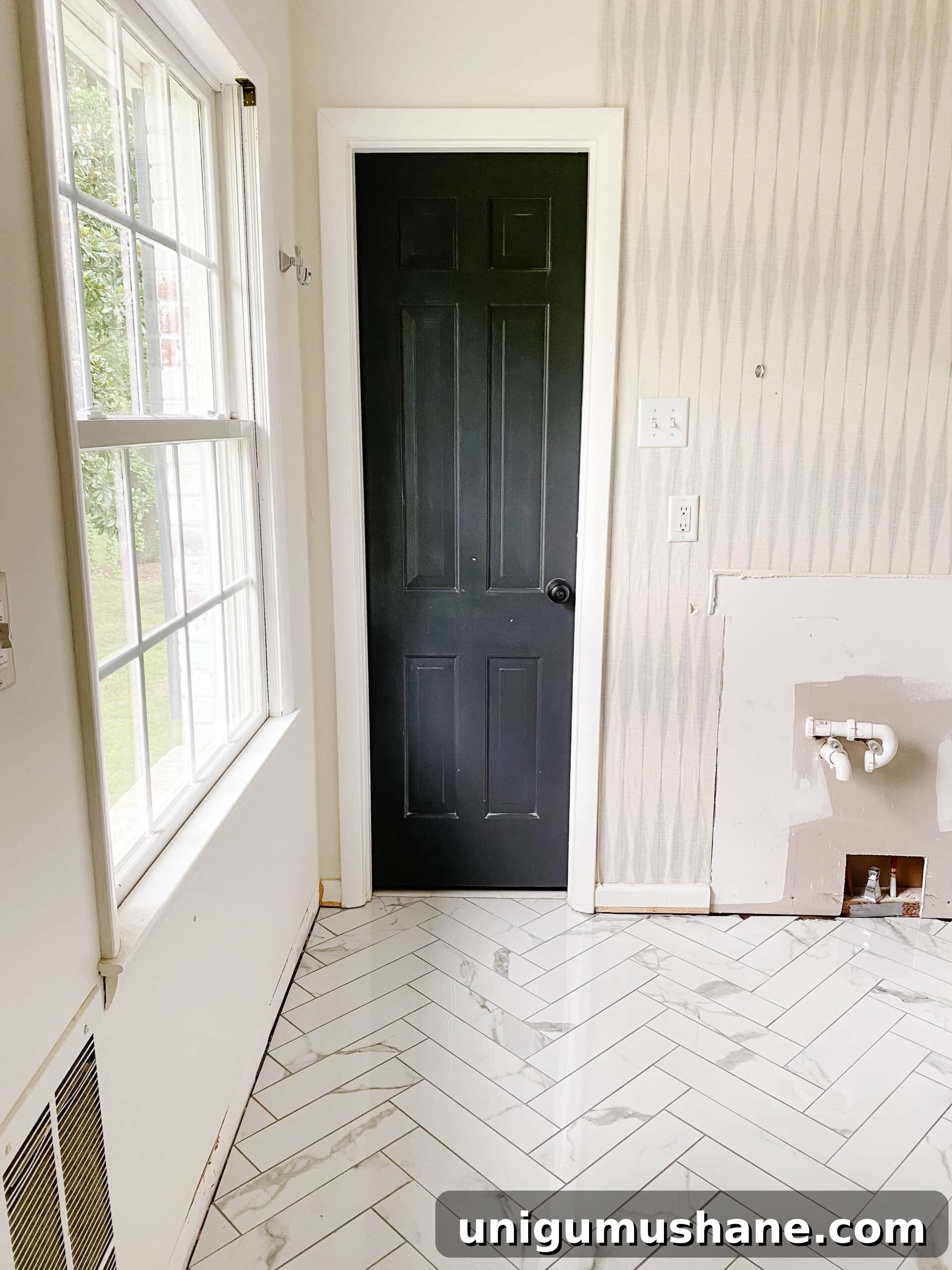 Faux Marble Herringbone Tile and Shower Renovation Update 13 faux marble herringbone tile floor in bathroom renovation