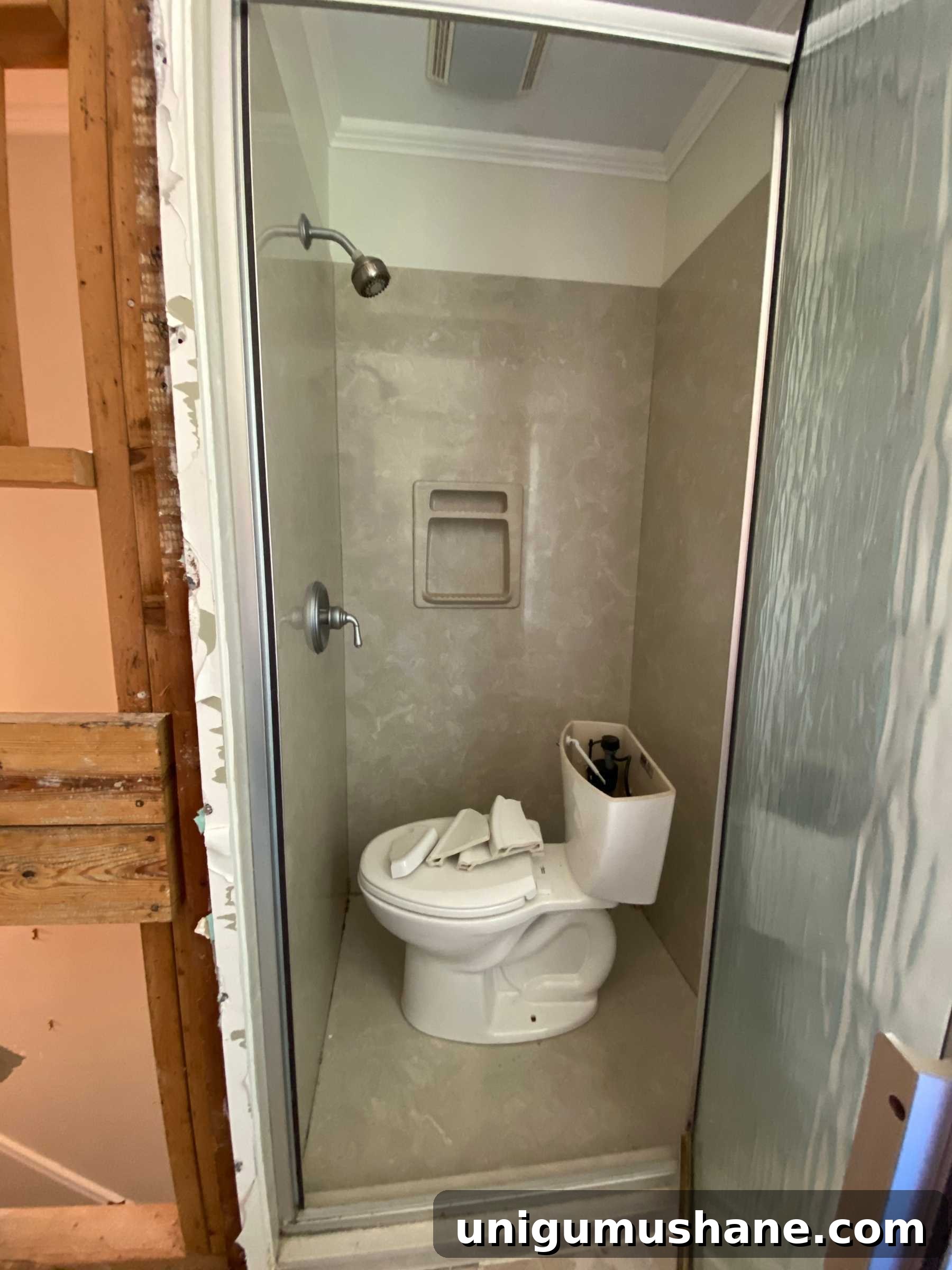 Faux Marble Herringbone Tile and Shower Renovation Update 4 shower before with 80s beige shower surround