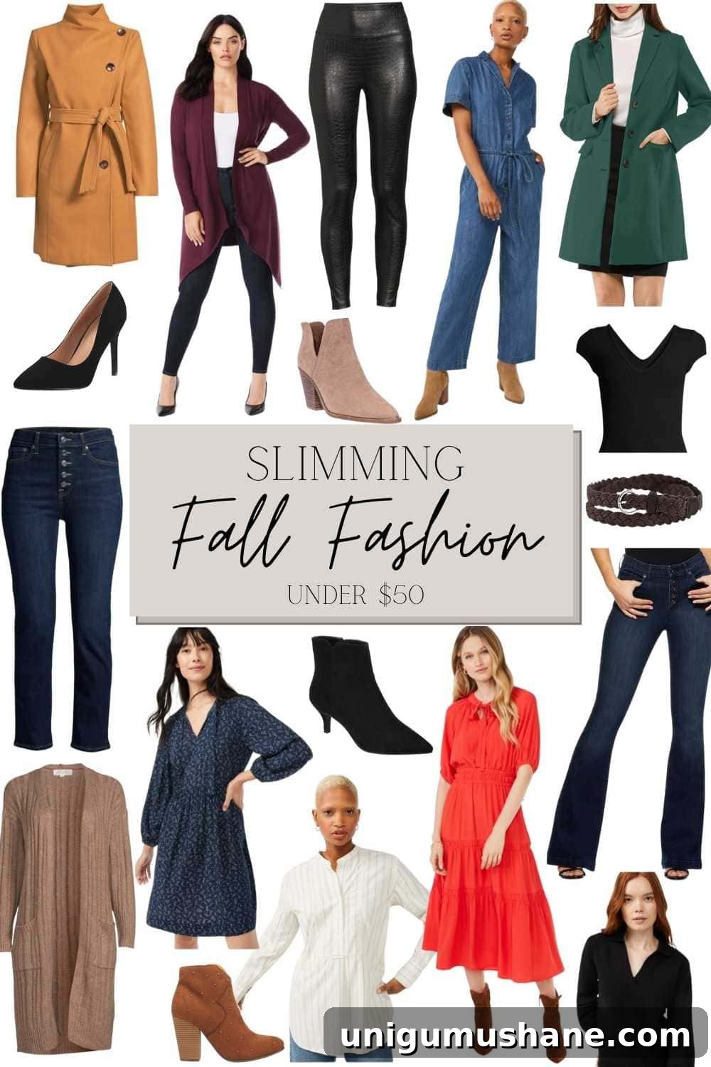 6 Fall Outfits That Flatter and Create a Slimmer Silhouette 9 Slimming Fall Fashion Under $50 | 14 fashion styling tricks to help you look slimmer along with 6 budget-friendly fall outfits from Walmart.