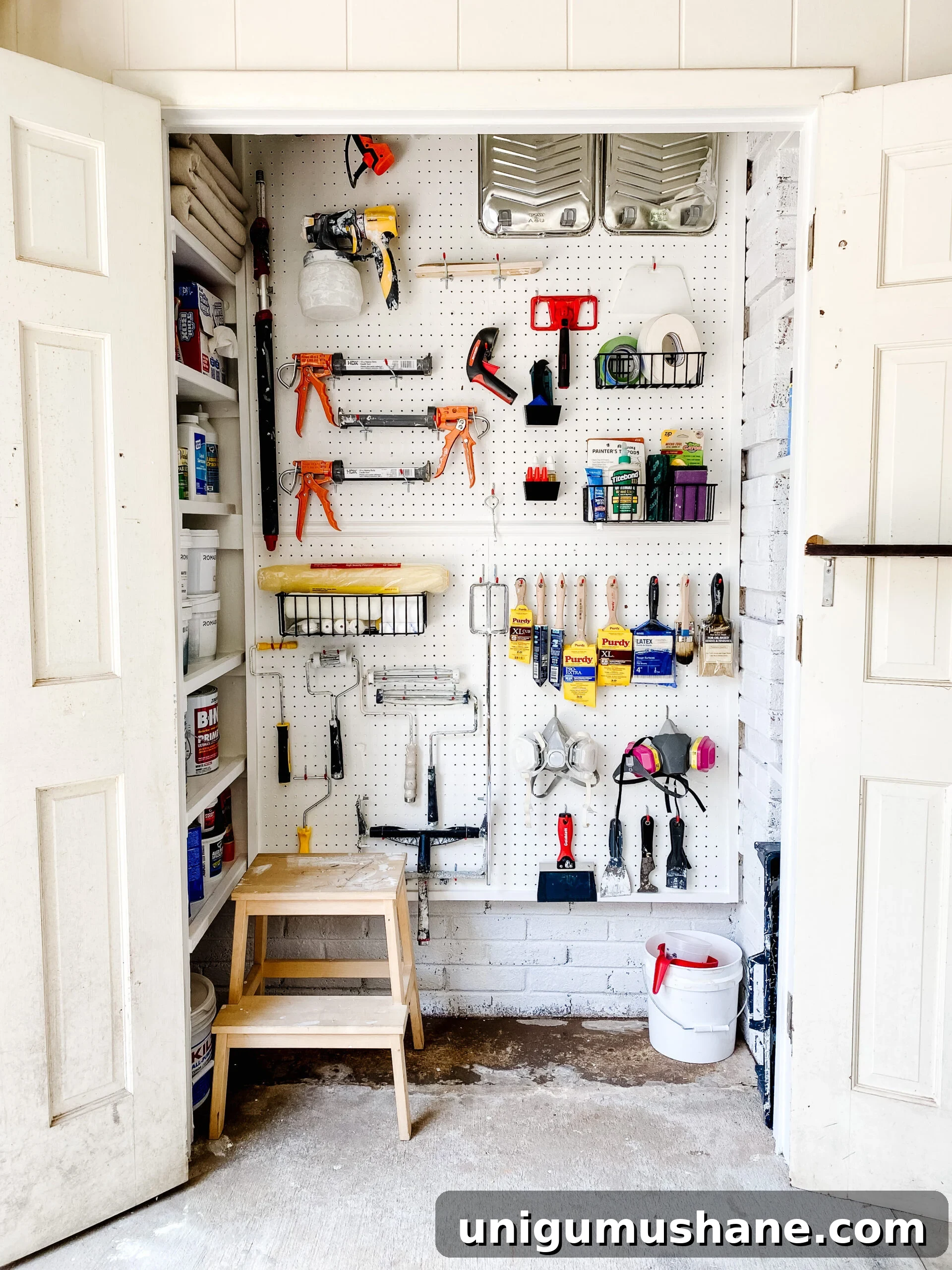 Smart Paint Closet Storage Ideas for Small Spaces 4 organized paint storage closet with pegboard hooks and DIY shelves