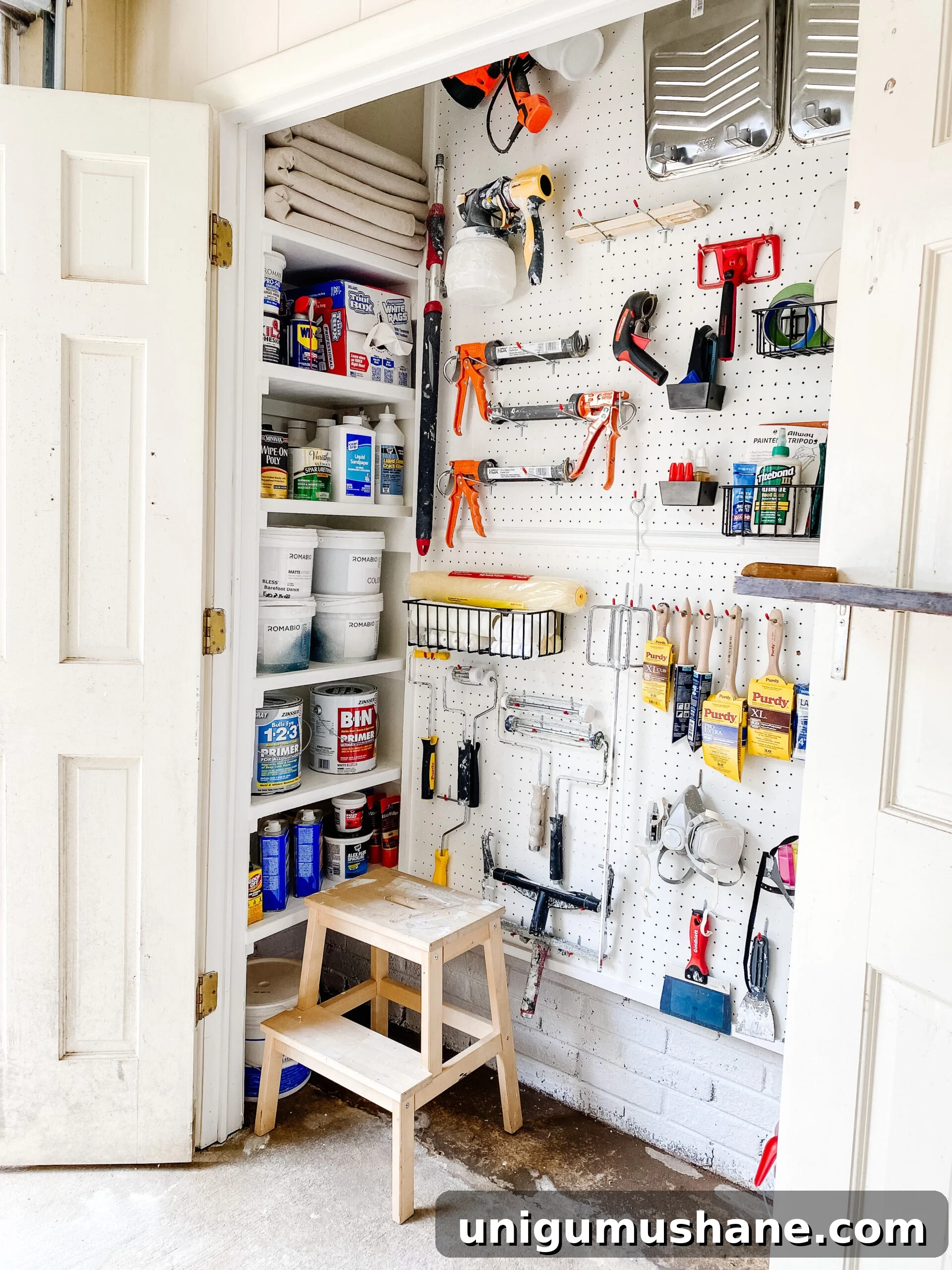Smart Paint Closet Storage Ideas for Small Spaces 5 DIY shelves for paint storage and organized paint supplies with pegboard hooks