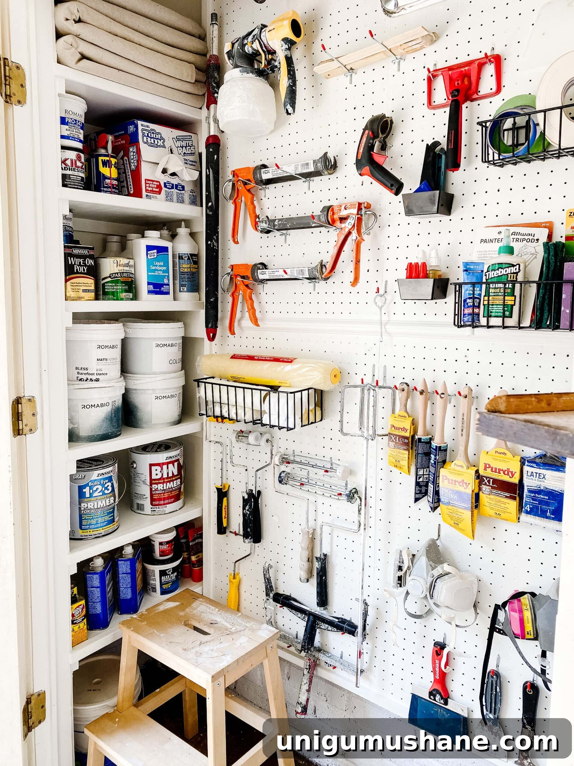 Smart Paint Closet Storage Ideas for Small Spaces 6 organizing paint supplies with DIY shelves and pegboard hooks and baskets