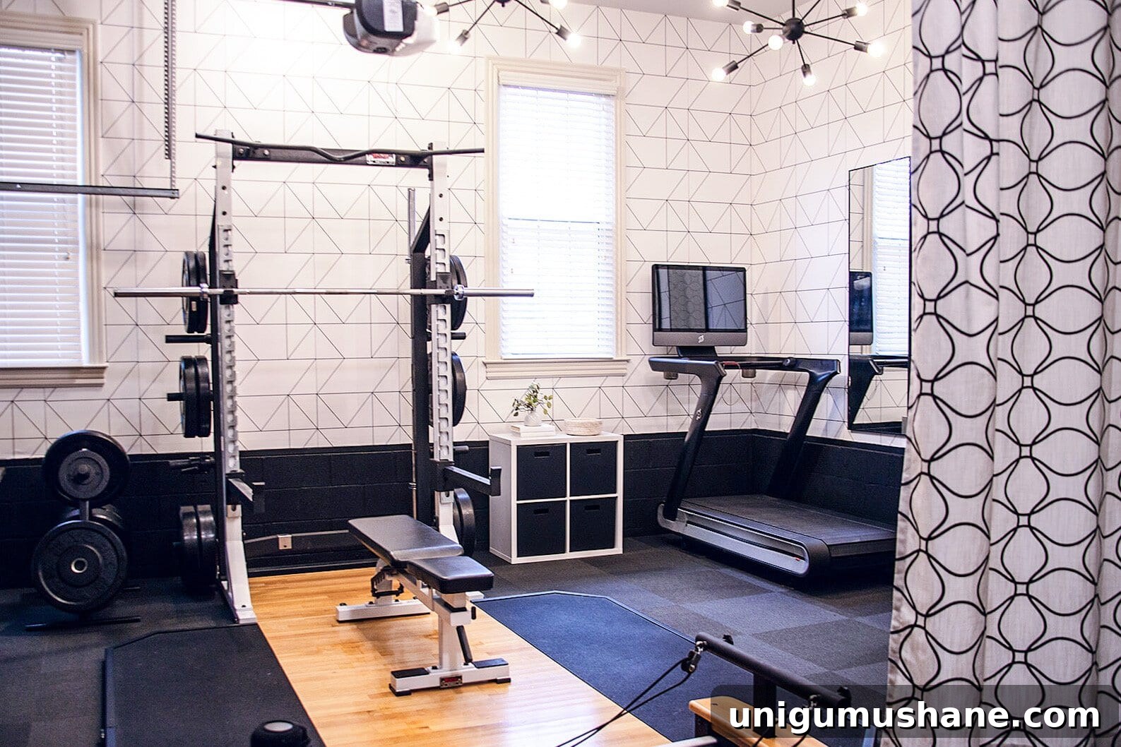 DIY Home Gym Ideas for Basements, Garages, and Sheds 11 workout room in a garage with curtain divider