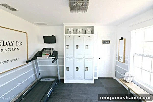DIY Home Gym Ideas for Basements, Garages, and Sheds 14 home gym with repurposed lockers and treadmill