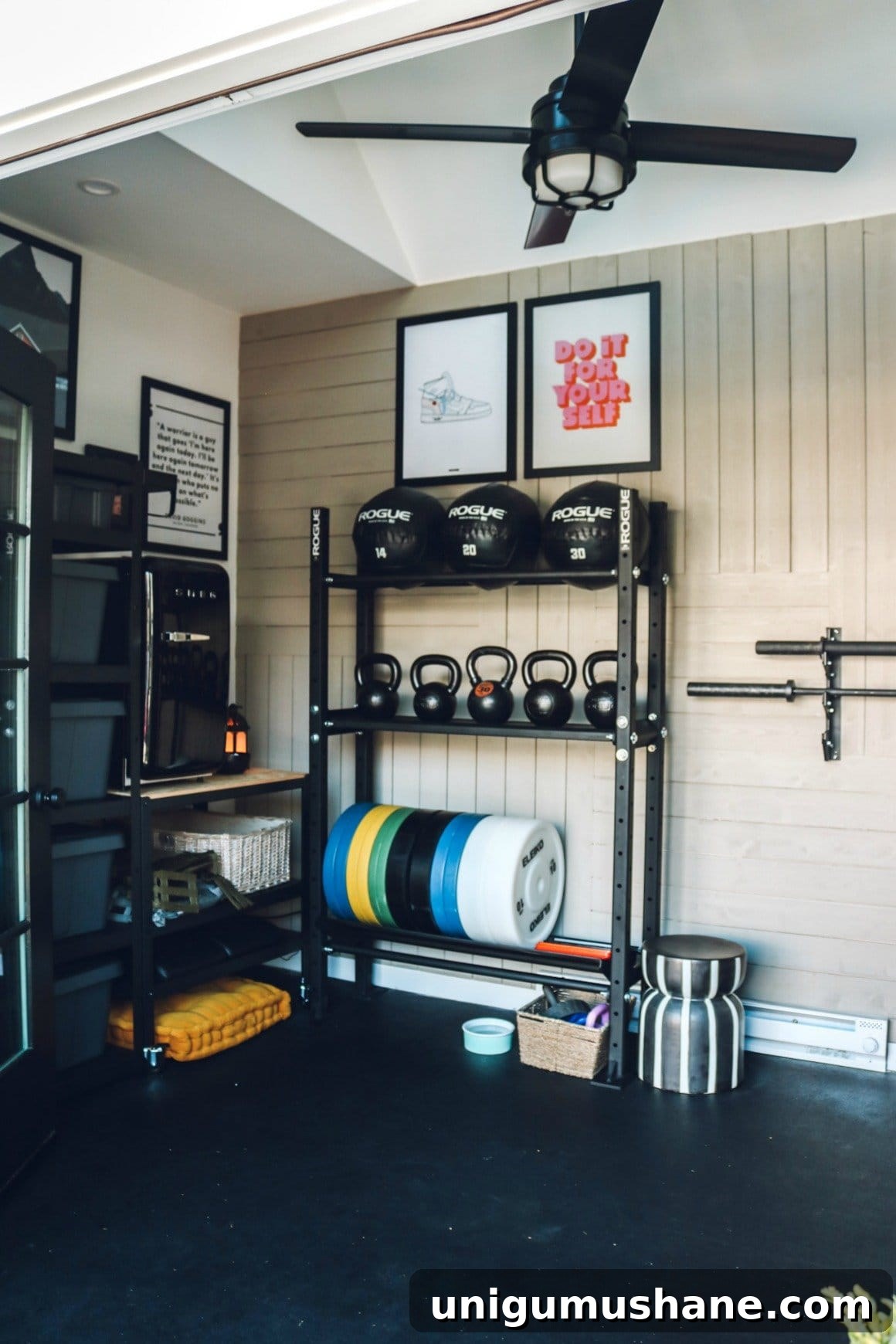 DIY Home Gym Ideas for Basements, Garages, and Sheds 6 home gym with wall quotes and industrial shelving