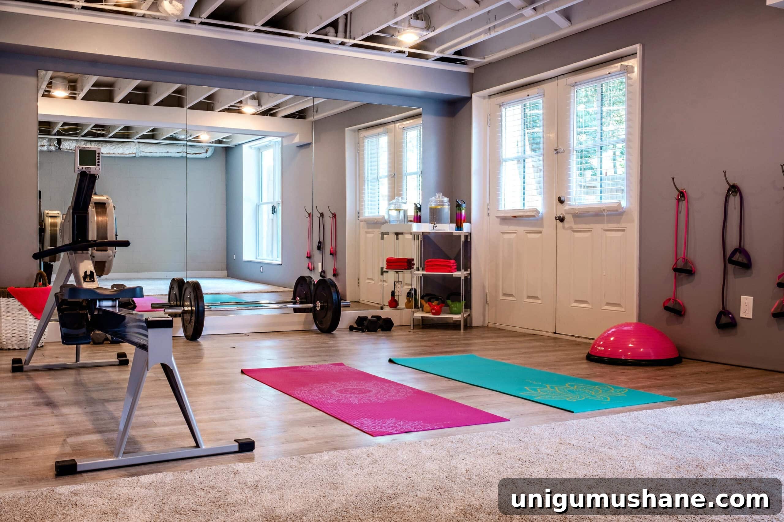DIY Home Gym Ideas for Basements, Garages, and Sheds 7 home gym with exposed ceiling and large mirrors