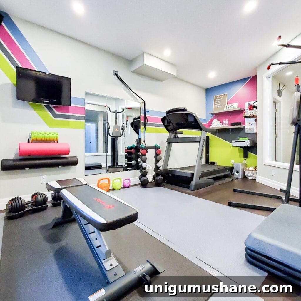 DIY Home Gym Ideas for Basements, Garages, and Sheds 8 home gym with bright colored accents