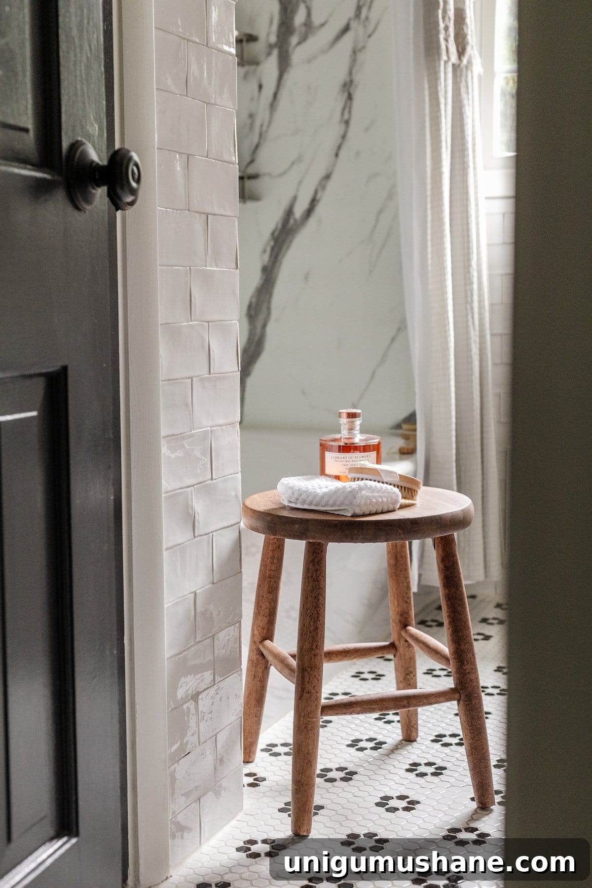 Black and White Bathroom Ideas: Small Swaps for a Classic Look 16 bathroom stool with toiletries and black and white bathroom tile