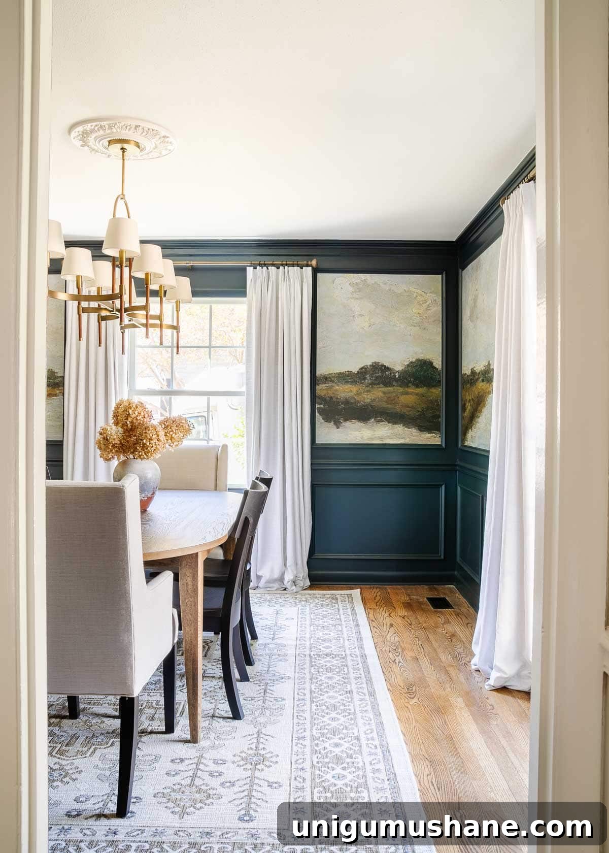 Transform Your Dining Room with Antique Painting Mural Wallpaper 14 modern traditional dining room with navy blue paint, murals, and shaded chandelier
