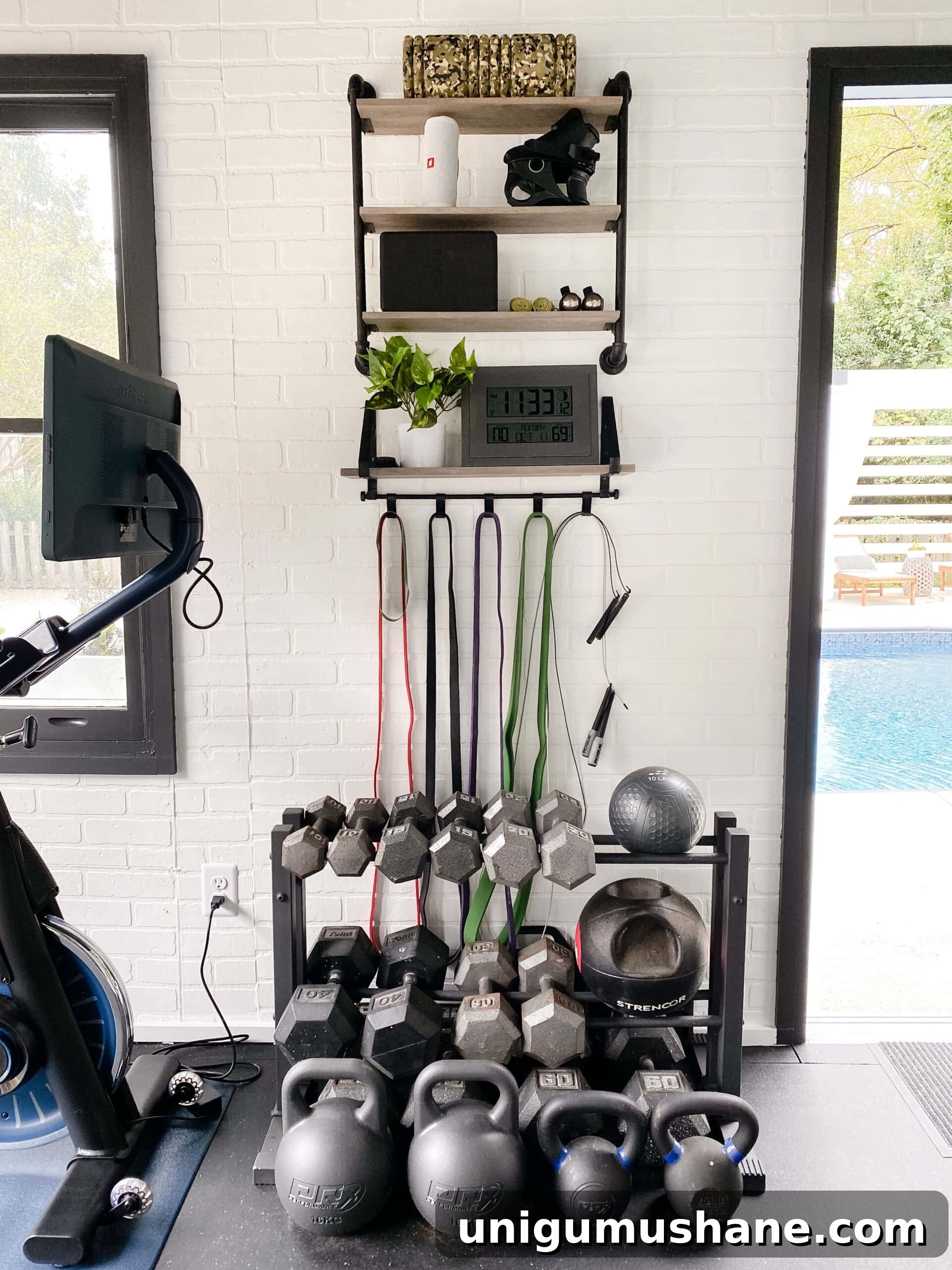 Convert Your Shed into a Home Gym on a Budget 4 wall shelves for storing home gym equipment