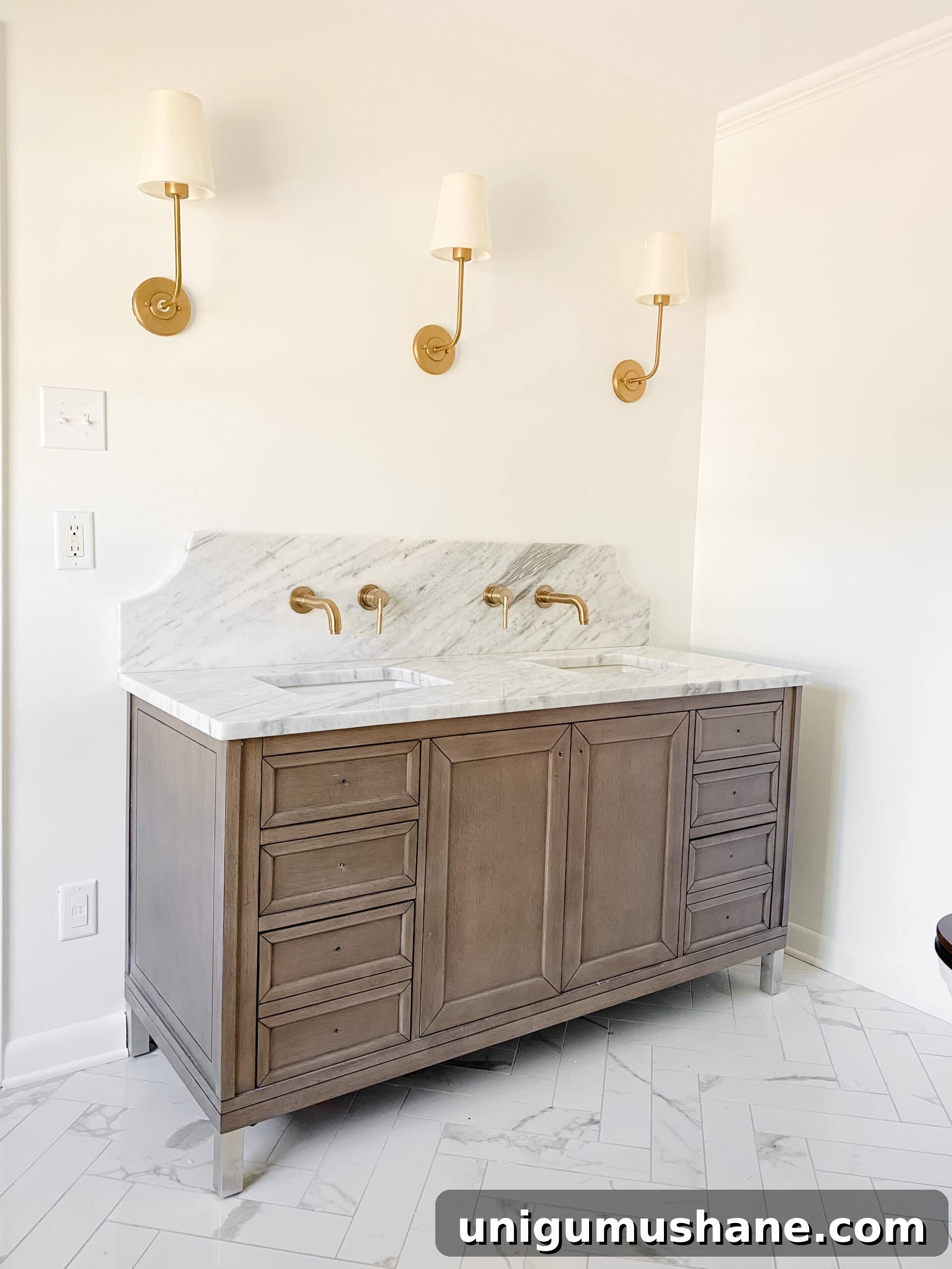En Suite Bathroom Remodel: New Faucets Installed 11 wood bathroom vanity with scalloped marble backsplash