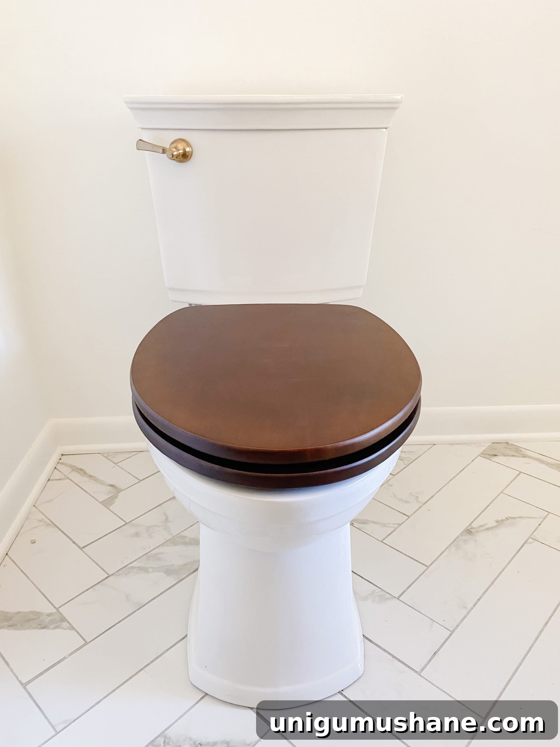 En Suite Bathroom Remodel: New Faucets Installed 6 toilet with wooden toilet seat and gold flush lever