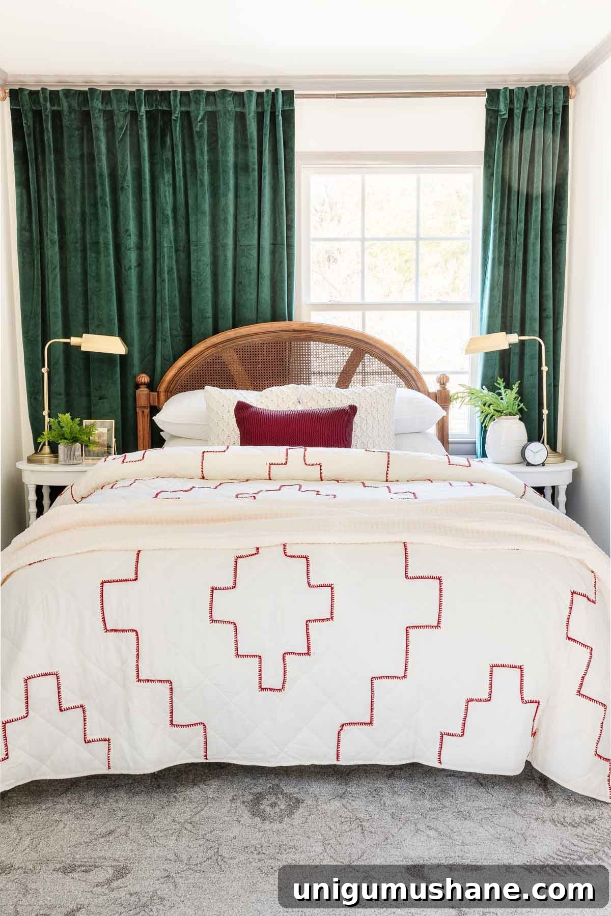 Affordable Christmas Bedding Ideas for a Silent Night 6 red and white stitched quilt with sweater knit pillows and green curtains