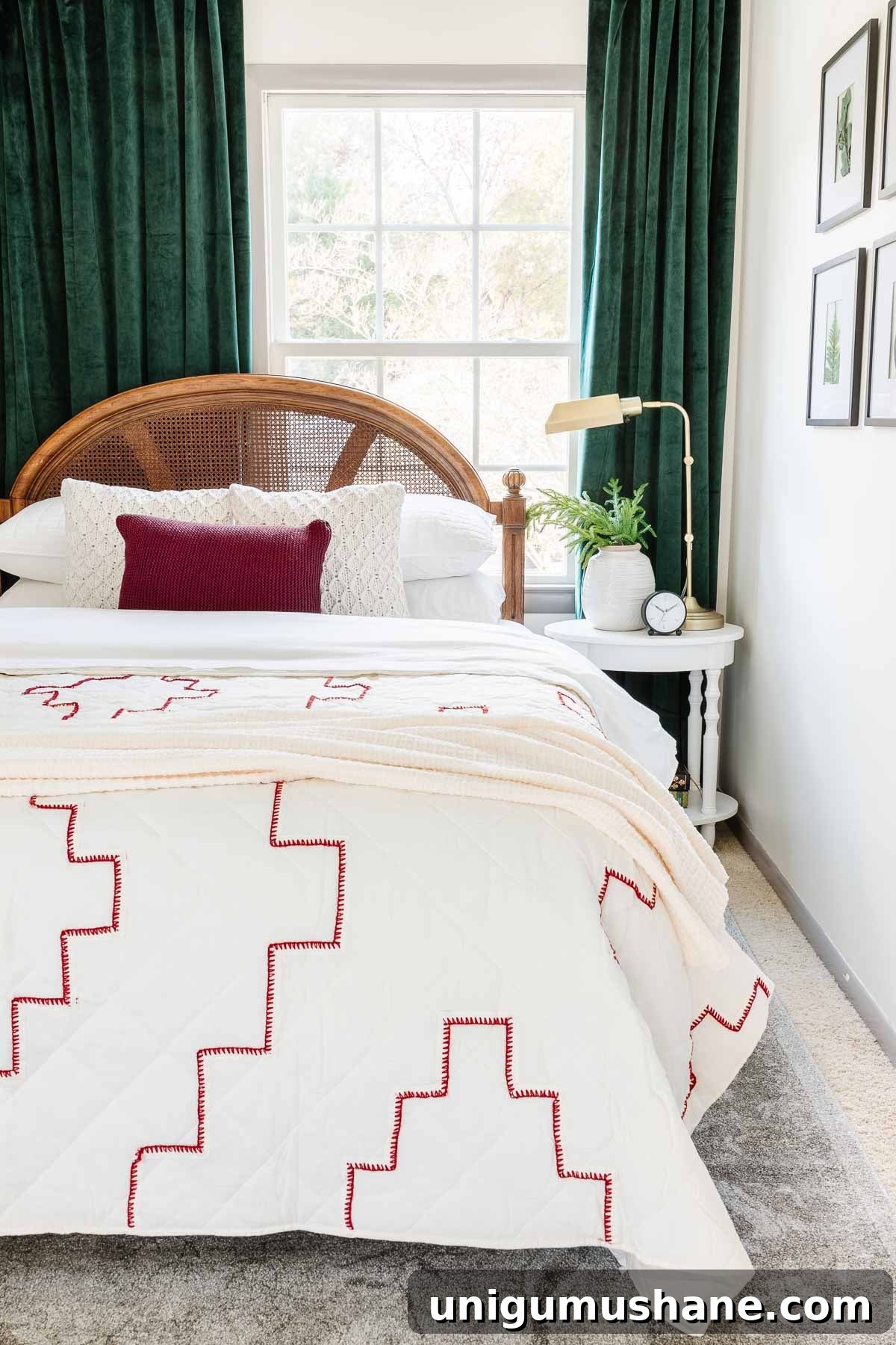 Affordable Christmas Bedding Ideas for a Silent Night 7 red and white stitched quilt with sweater knit pillows and green curtains
