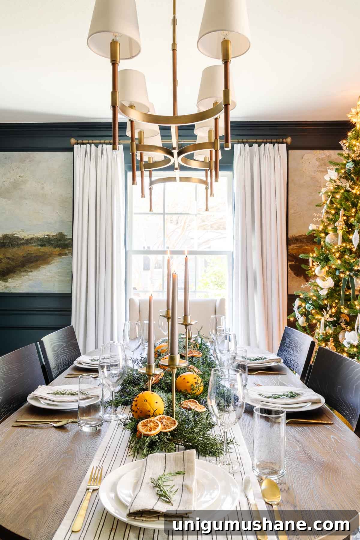 simple Christmas centerpiece with orange pomanders and cut branches