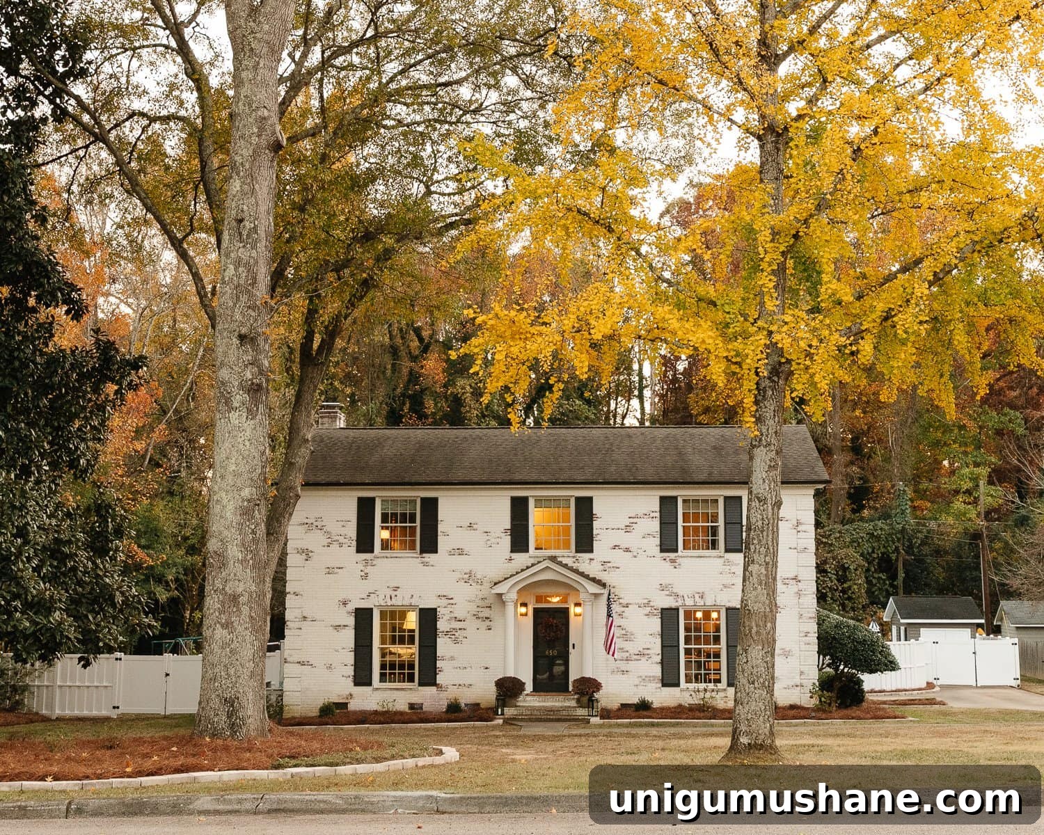 Vinyl Fence Installation: Costs, Materials, and Tips 8 limewashed brick colonial house with fall trees