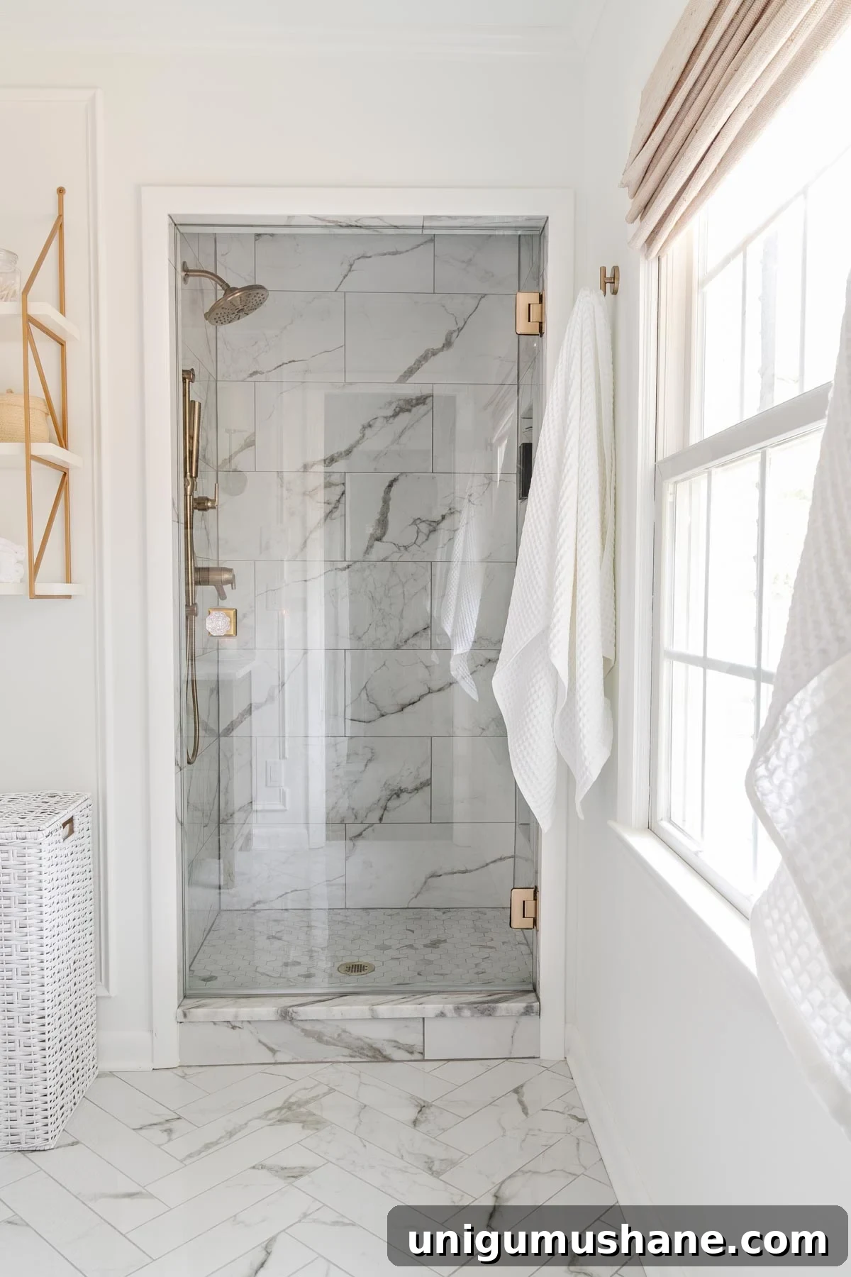 Modern-Vintage En Suite Bathroom Remodel Tour 9 small shower with marble look porcelain tile