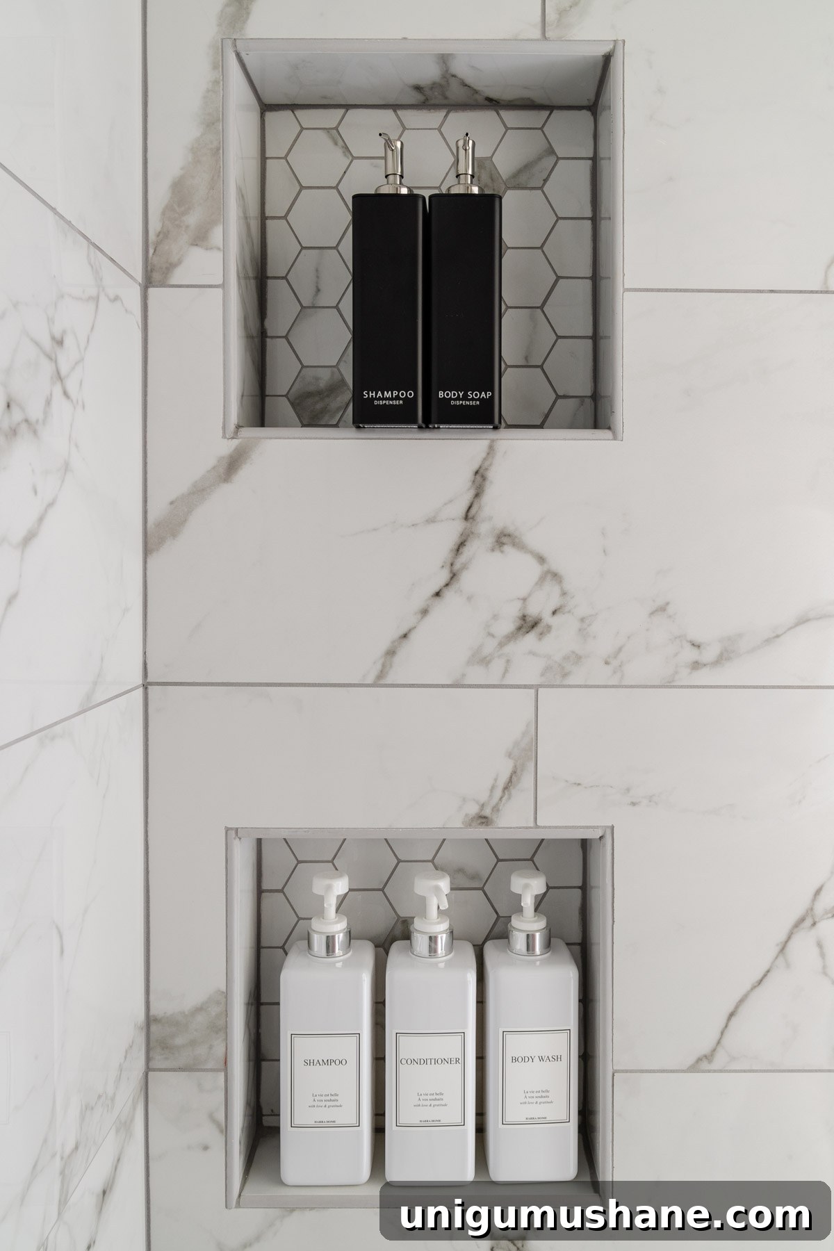 Modern-Vintage En Suite Bathroom Remodel Tour 12 shower niches with soap dispernsers