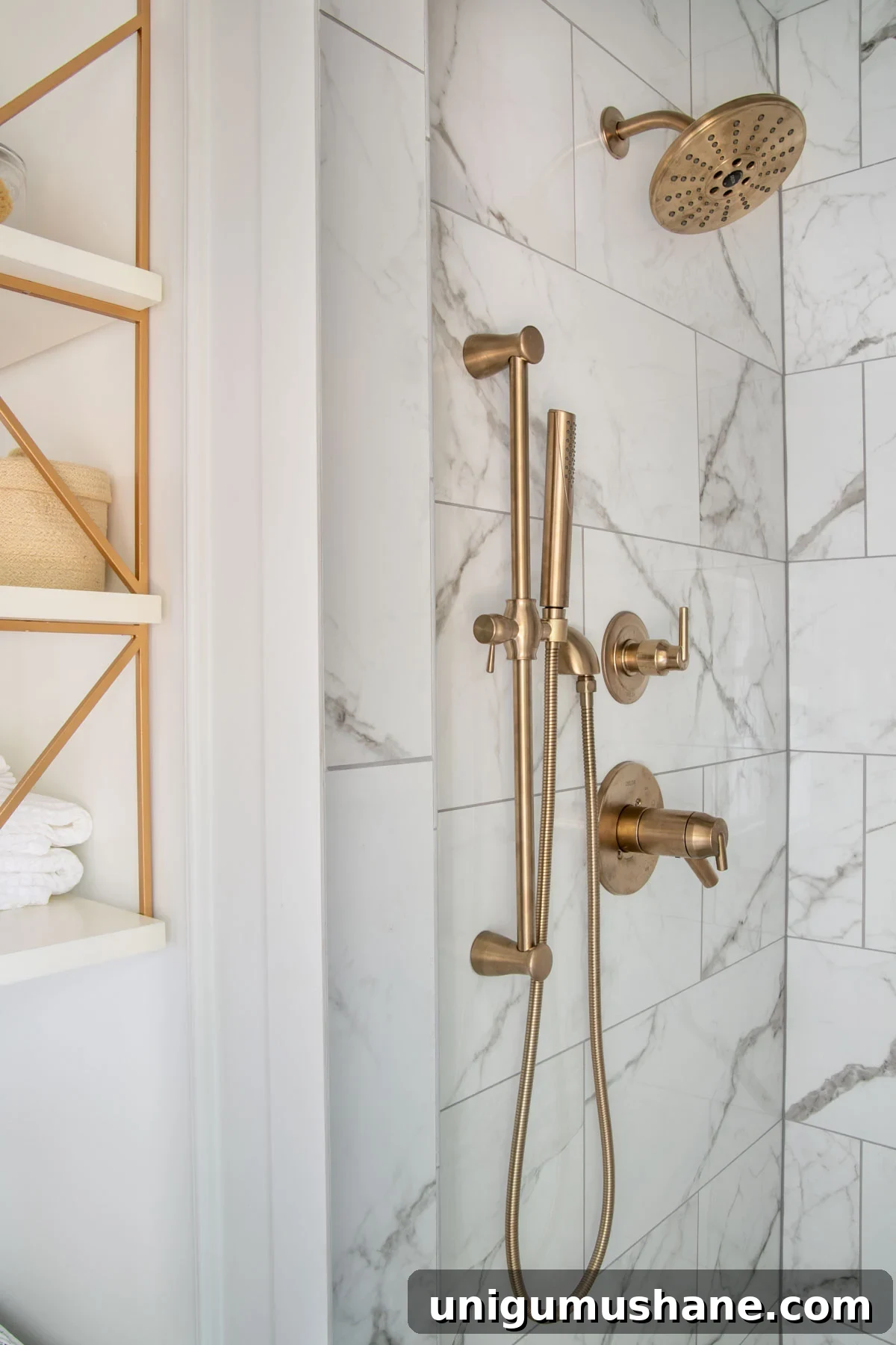 Modern-Vintage En Suite Bathroom Remodel Tour 14 champagne bronze shower faucet and hand shower