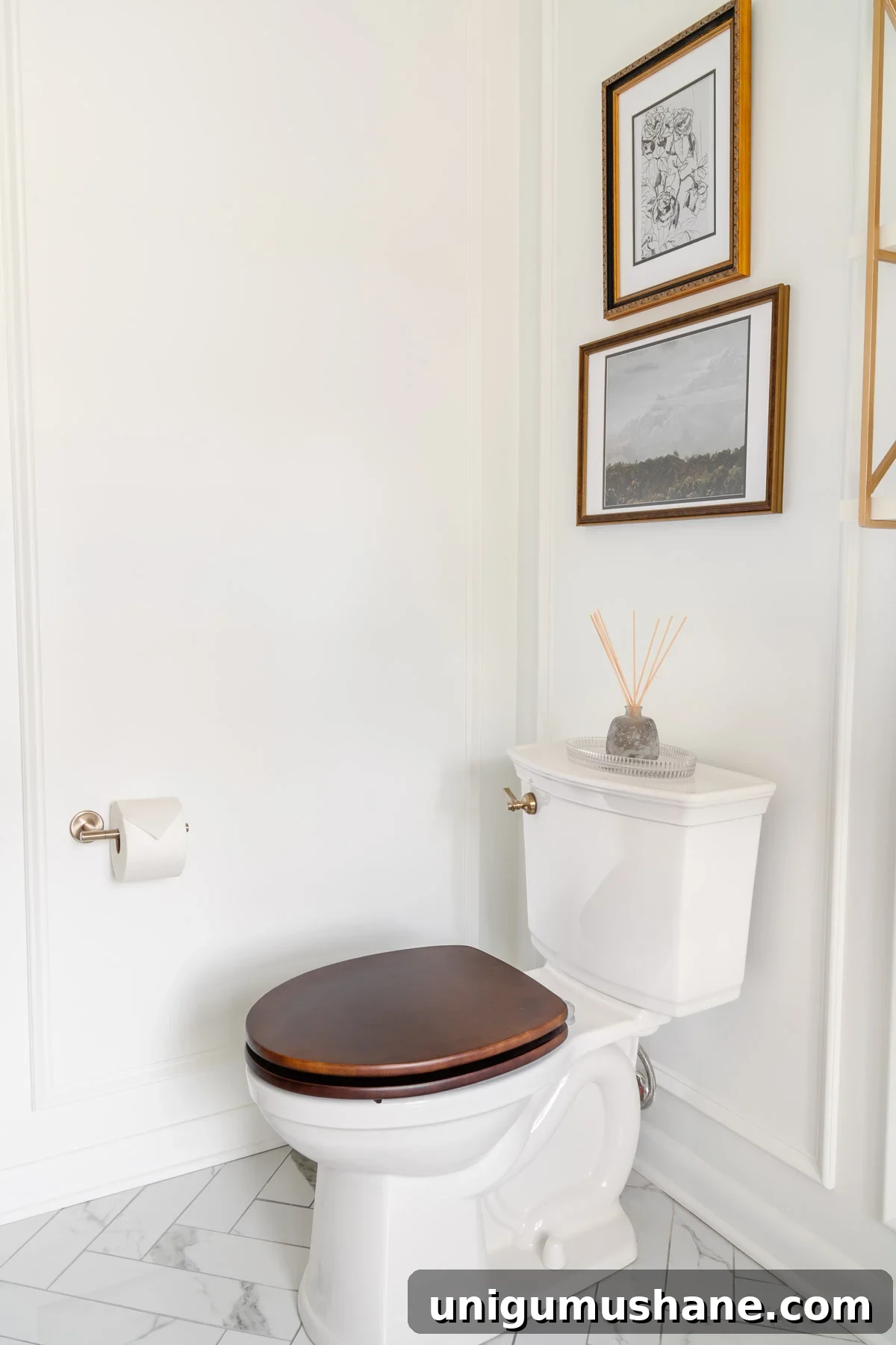 Modern-Vintage En Suite Bathroom Remodel Tour 18 toilet with wood toilet seat and vintage bathroom art