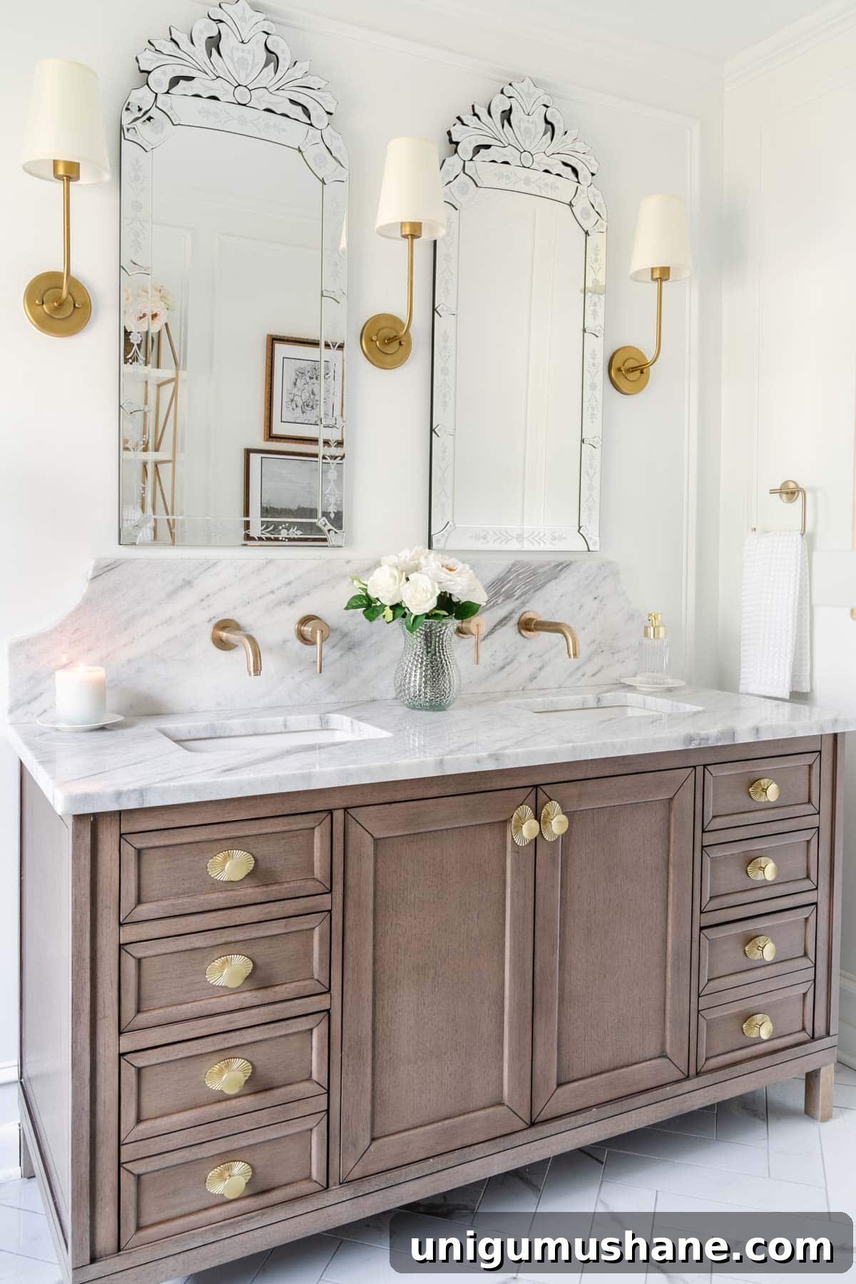 Modern-Vintage En Suite Bathroom Remodel Tour 24 en suite modern vintage bathroom remodel with Venetian mirrors, marble backsplash, and herringbone tile