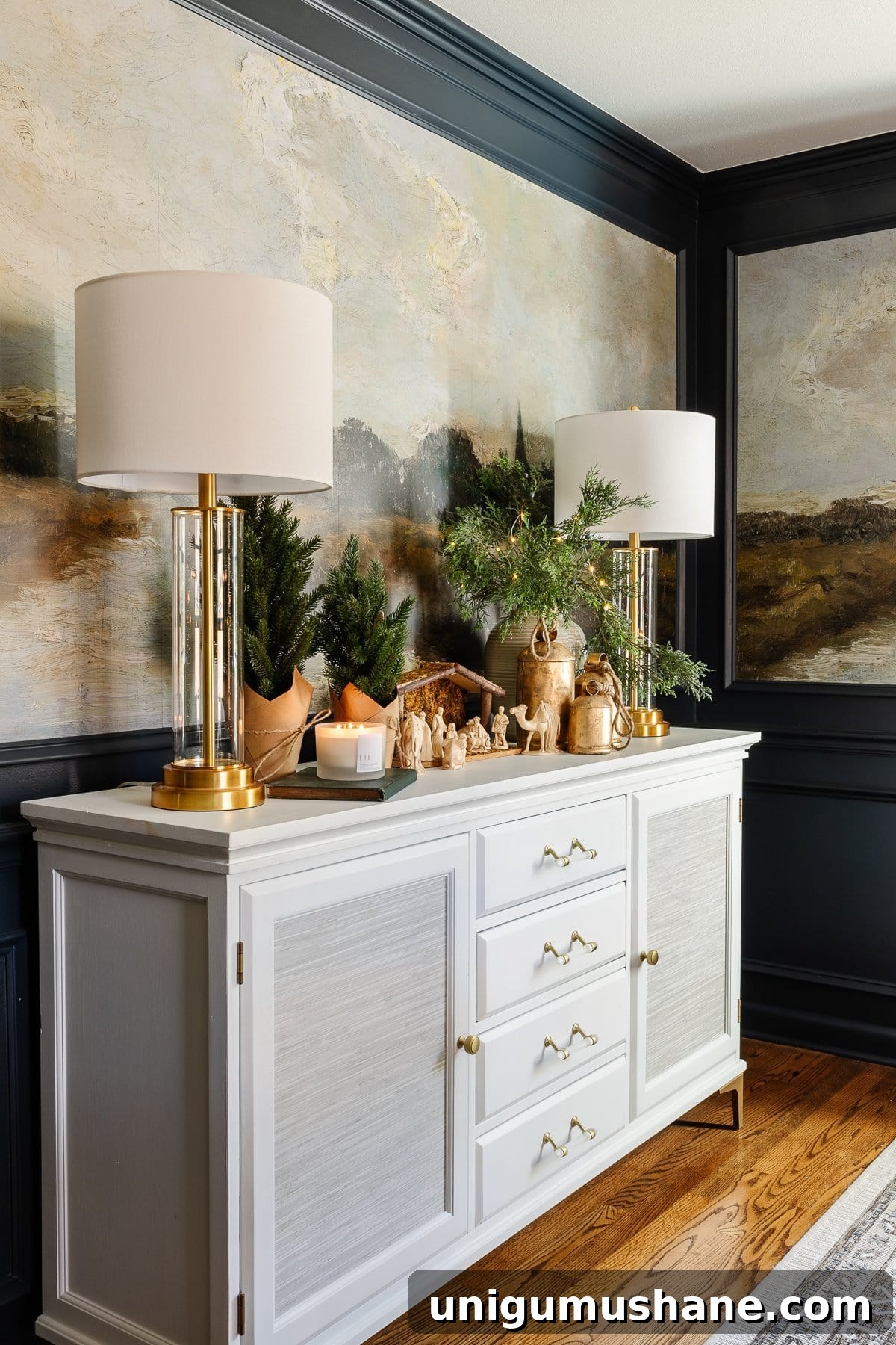 Holiday Housewalk 2021: Traditional Christmas Decorating Ideas 13 Christmas decor on a buffet with nativity
