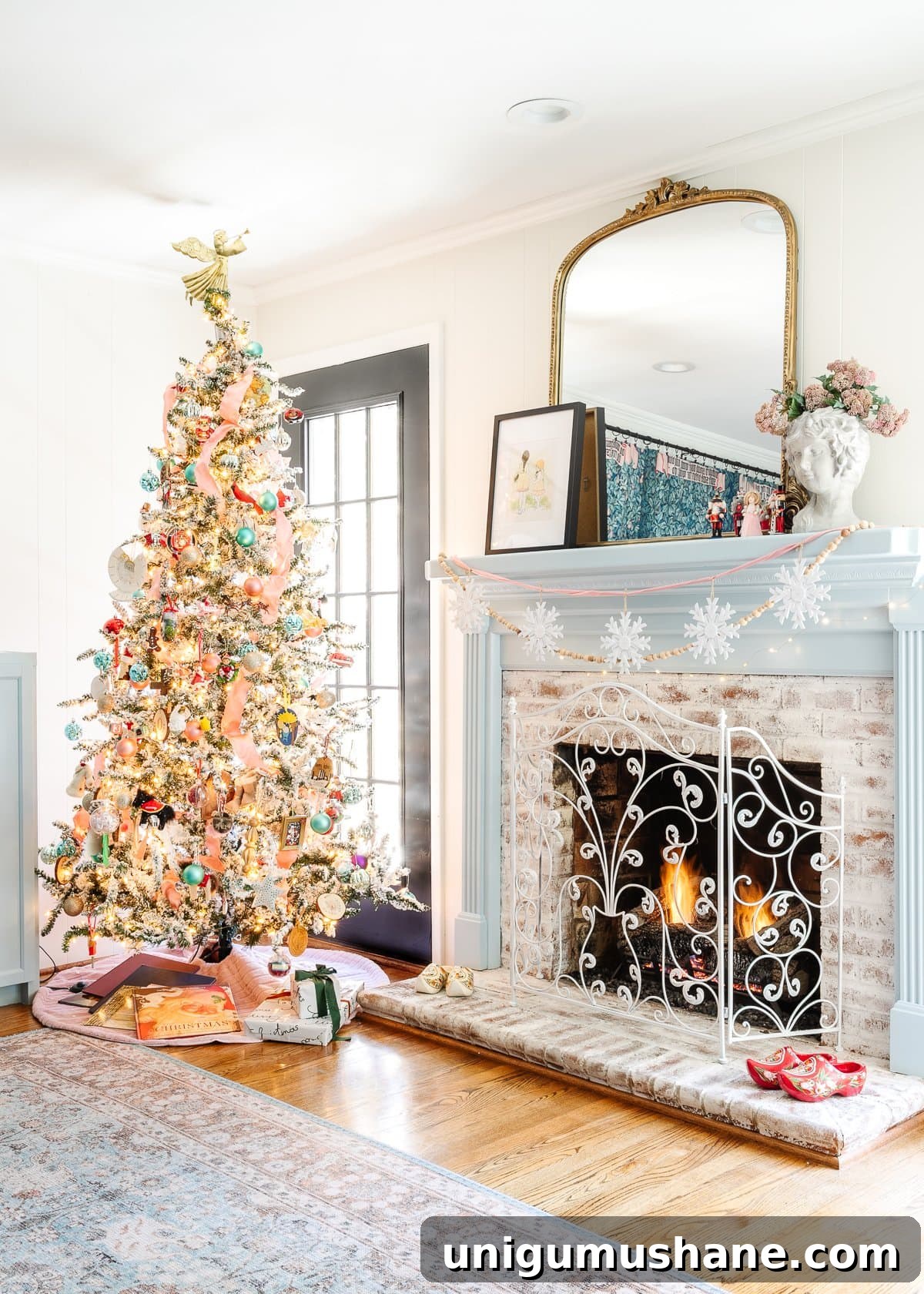 Holiday Housewalk 2021: Traditional Christmas Decorating Ideas 17 blue and pink Christmas decor with family ornaments