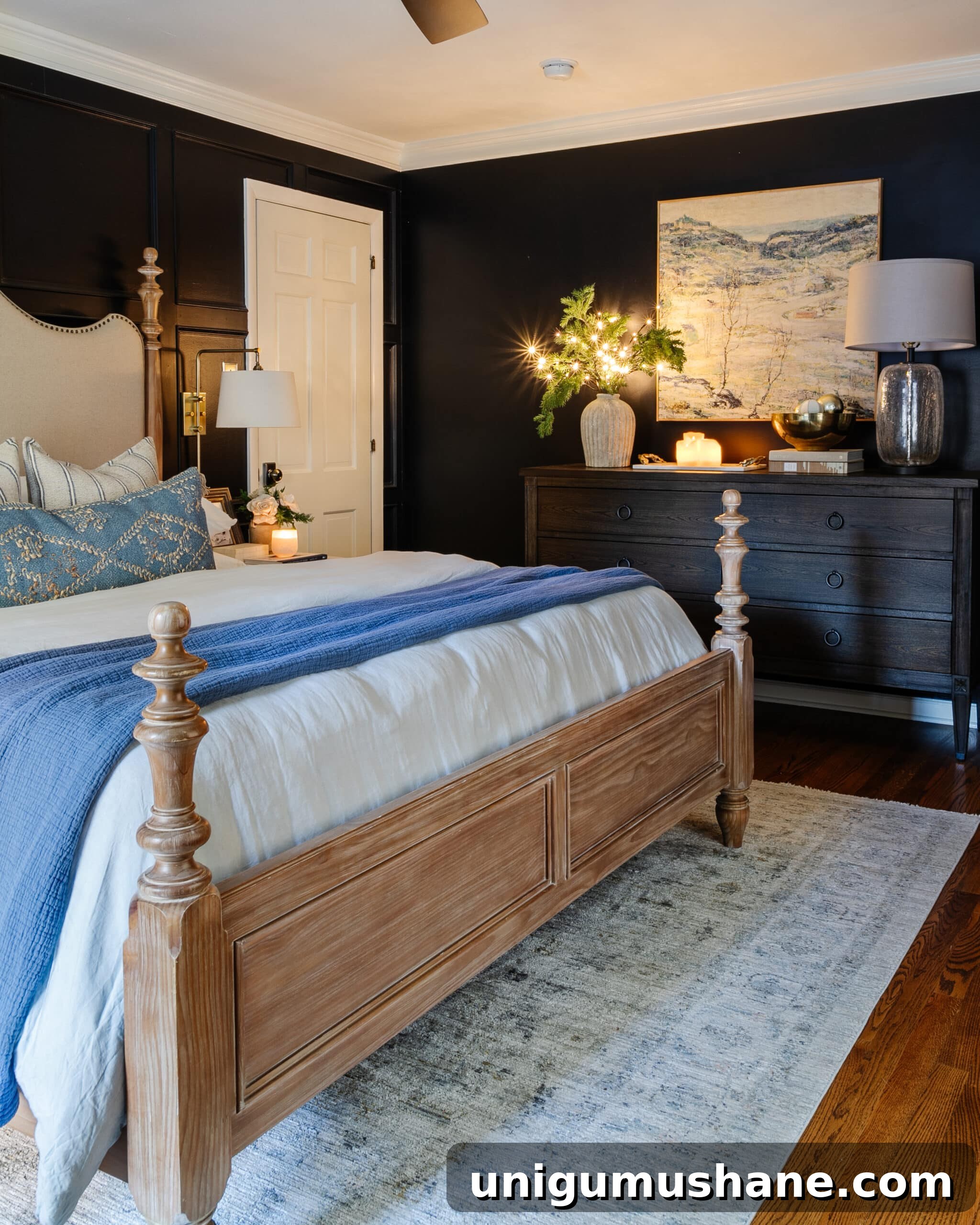 winter bedroom decor with white and blue bedding