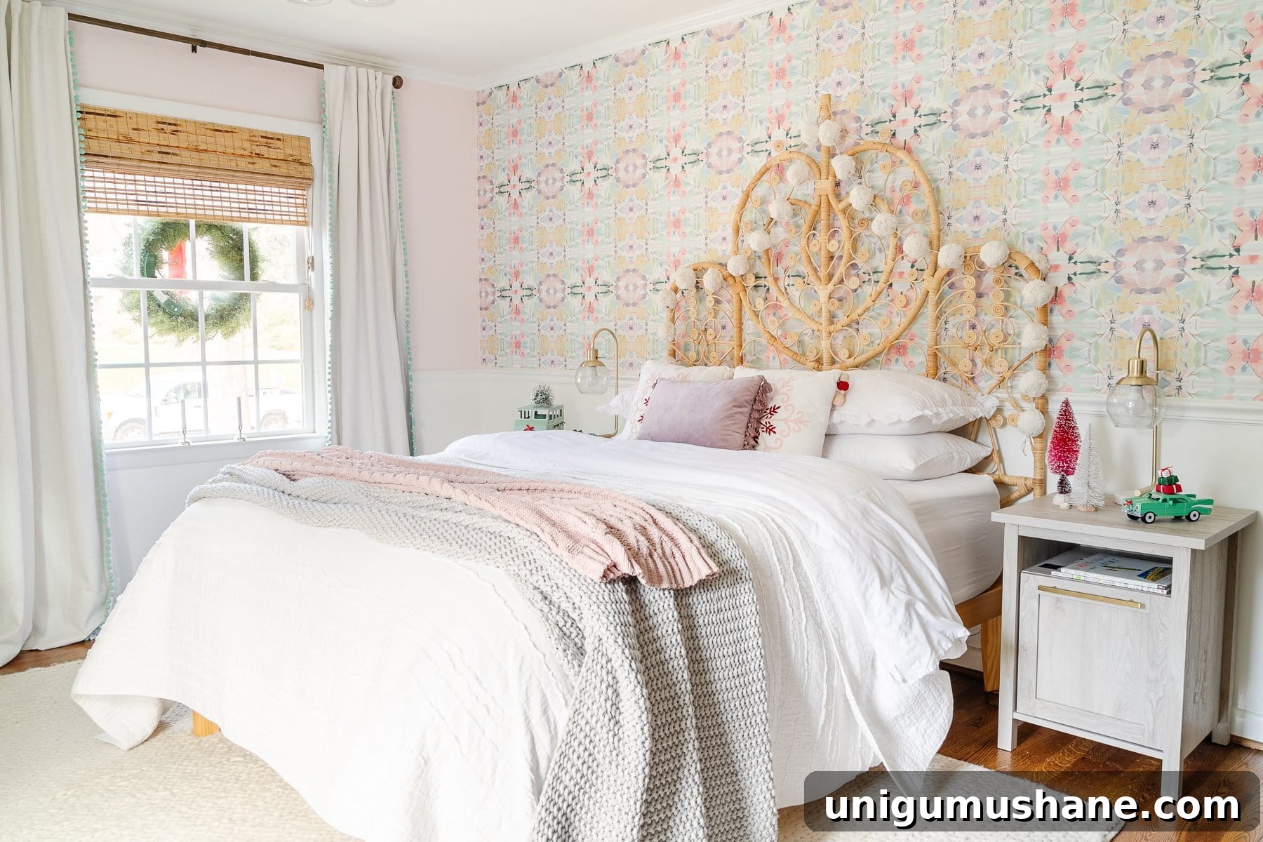 Whimsical little girl Christmas bedroom decor with white and pink bedding