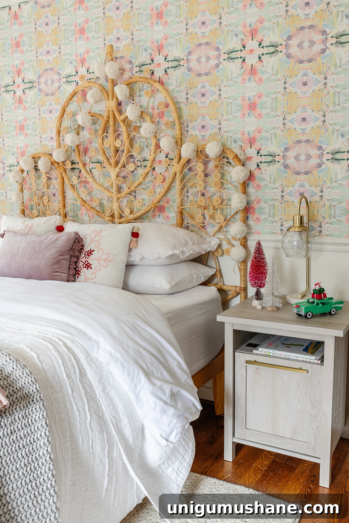 Christmas bedroom decor on a nightstand