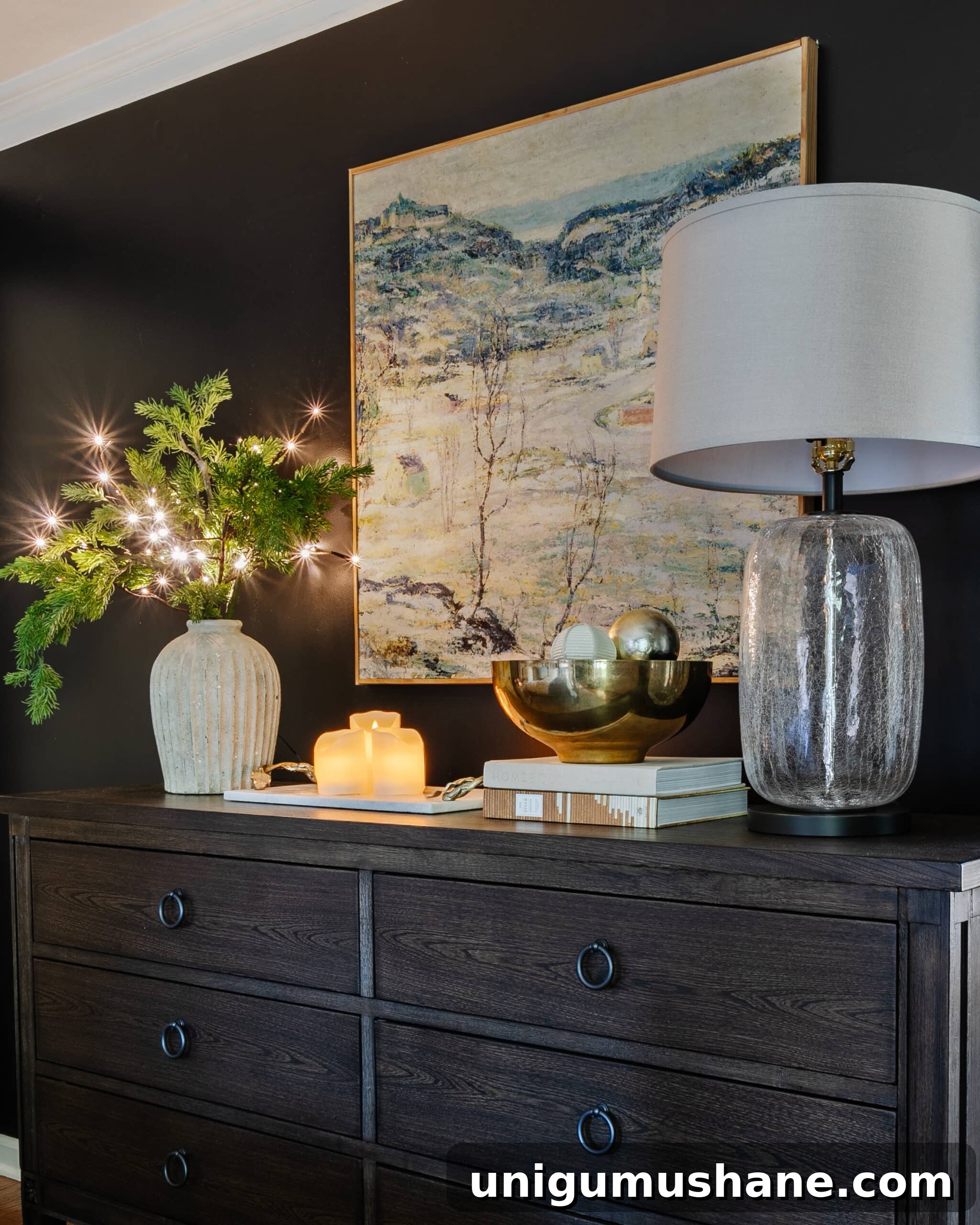 twinkle light branches on bedroom dresser