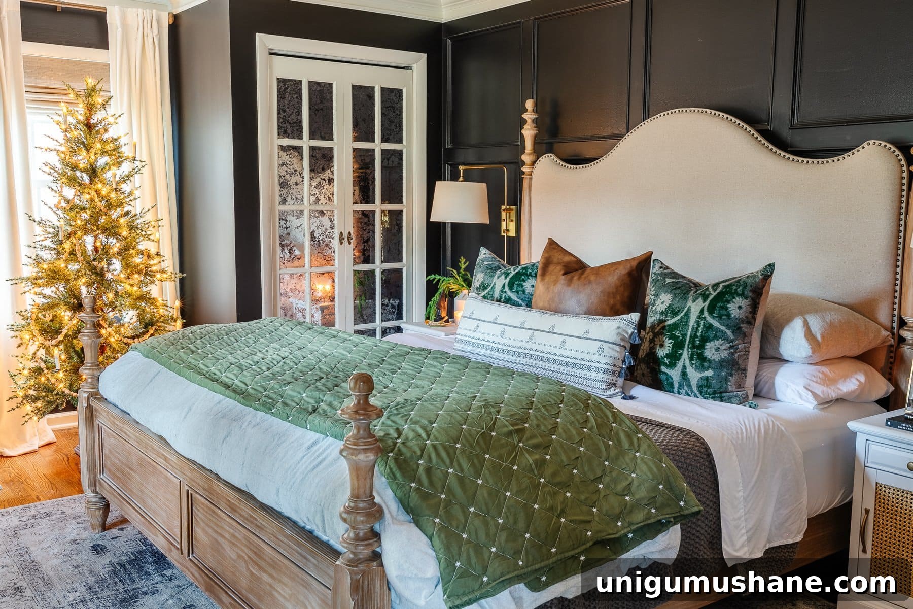Christmas bedroom decor adding a Christmas tree and green bedding