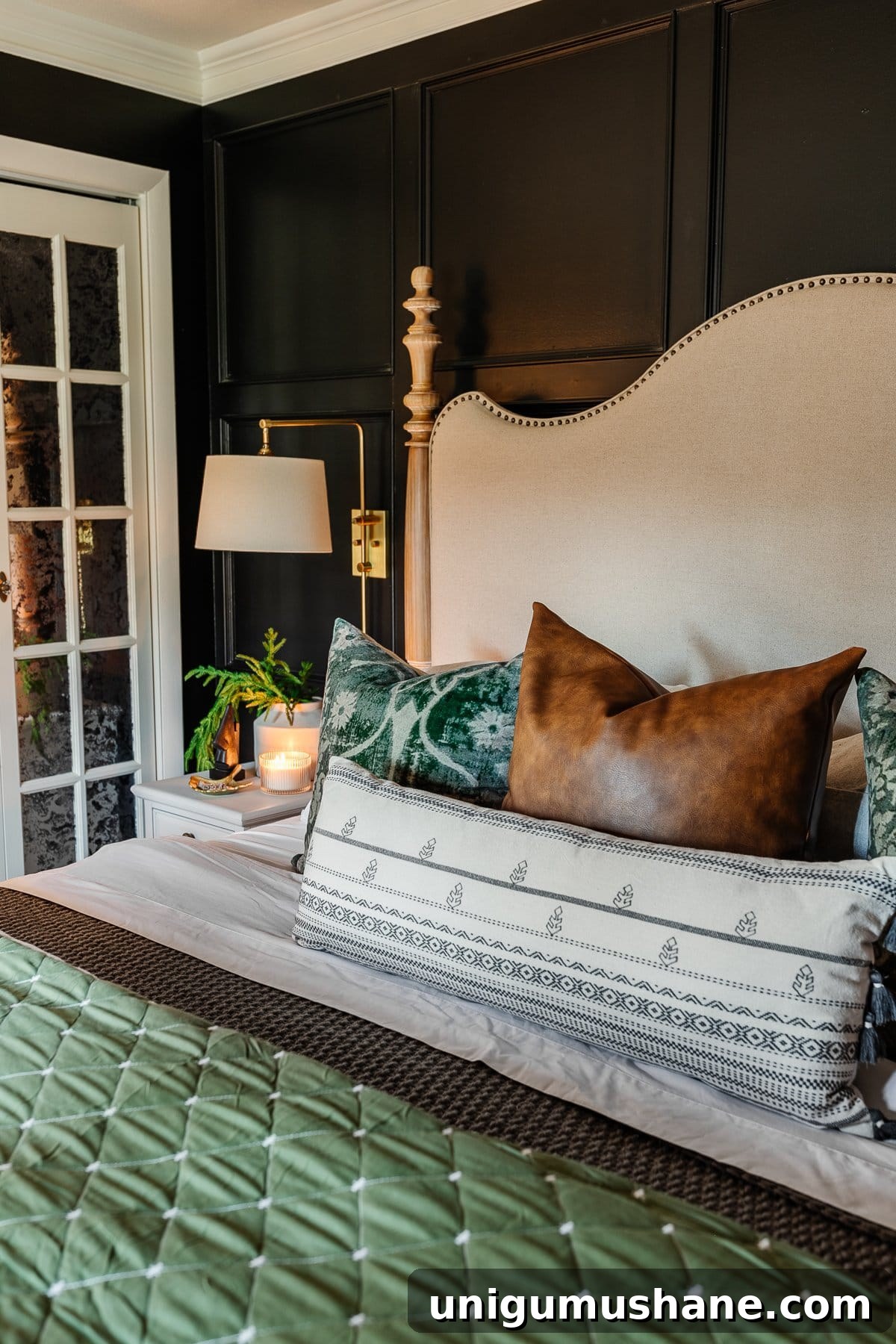 Adding cozy pillows for Christmas bedroom decor