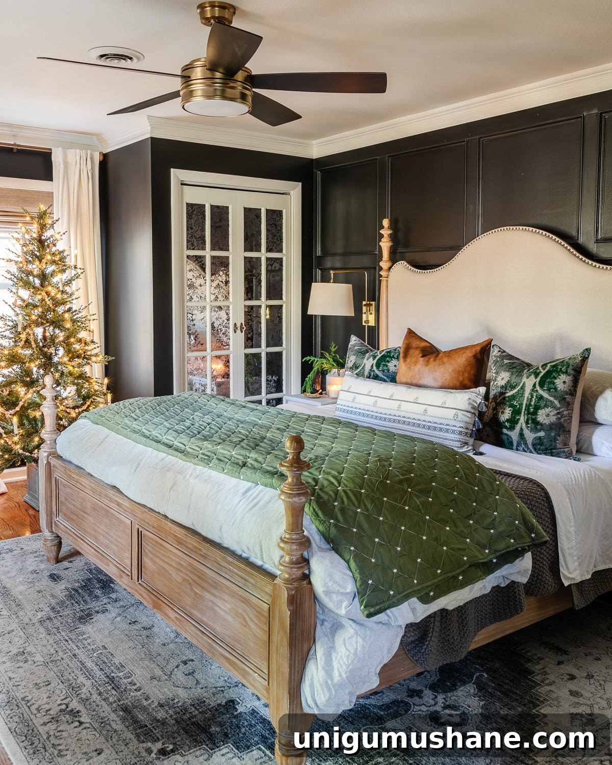 Simple green Christmas decor in a primary bedroom