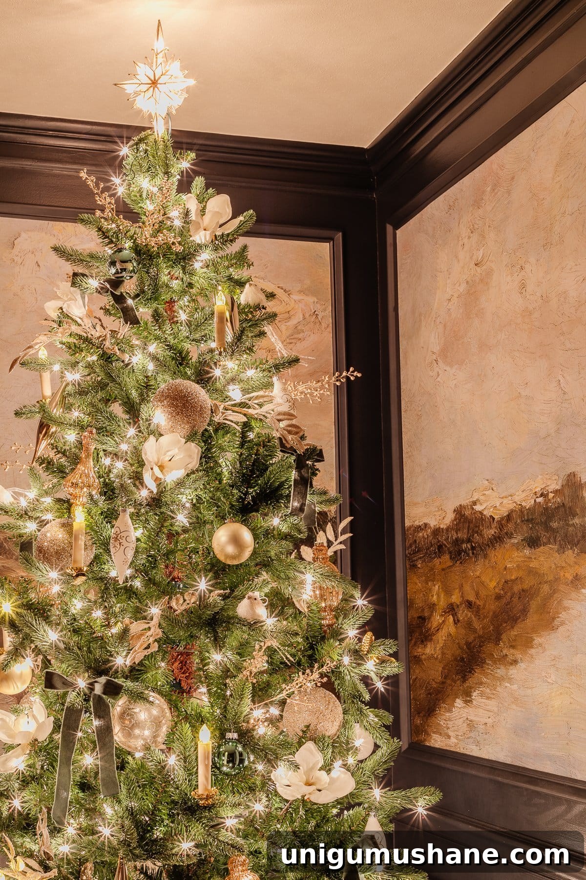 Christmas Candlelight Home Tour: Cozy Holiday Decor Ideas 17 Christmas tree in dining room at night