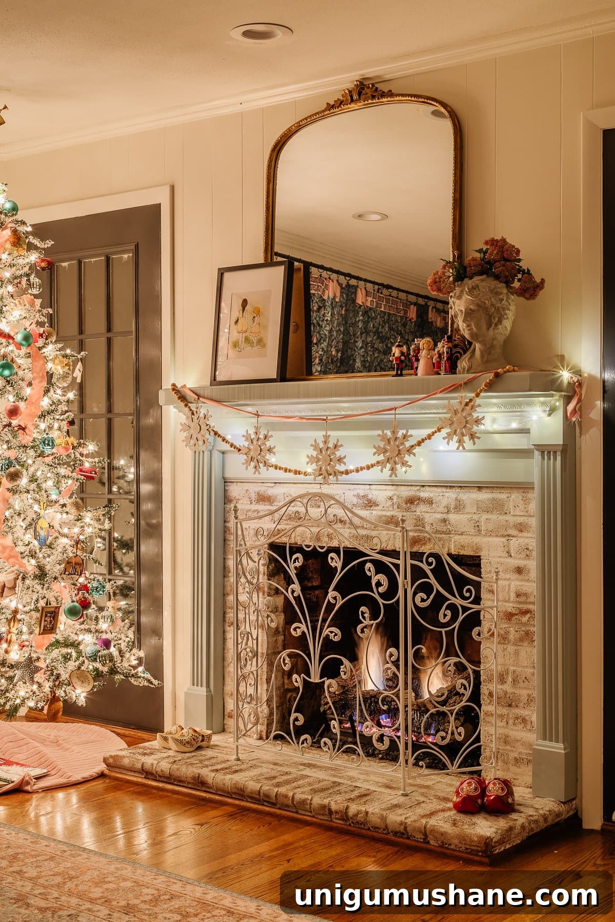 Christmas Candlelight Home Tour: Cozy Holiday Decor Ideas 19 Christmas playroom mantel and tree at night