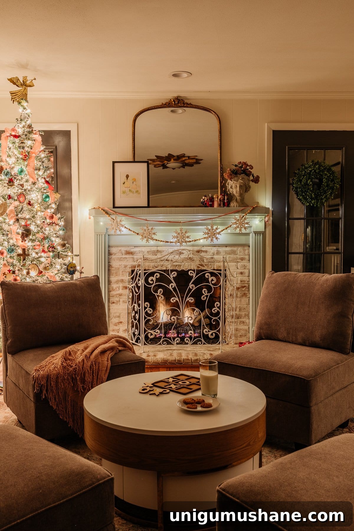 Christmas Candlelight Home Tour: Cozy Holiday Decor Ideas 23 Christmas fireplace at Christmas tree in playroom at night