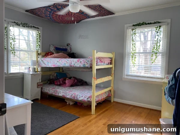Shared Teen Girls Bedroom with Modern Cottage Style 3 teen girl bedroom before with bunkbeds